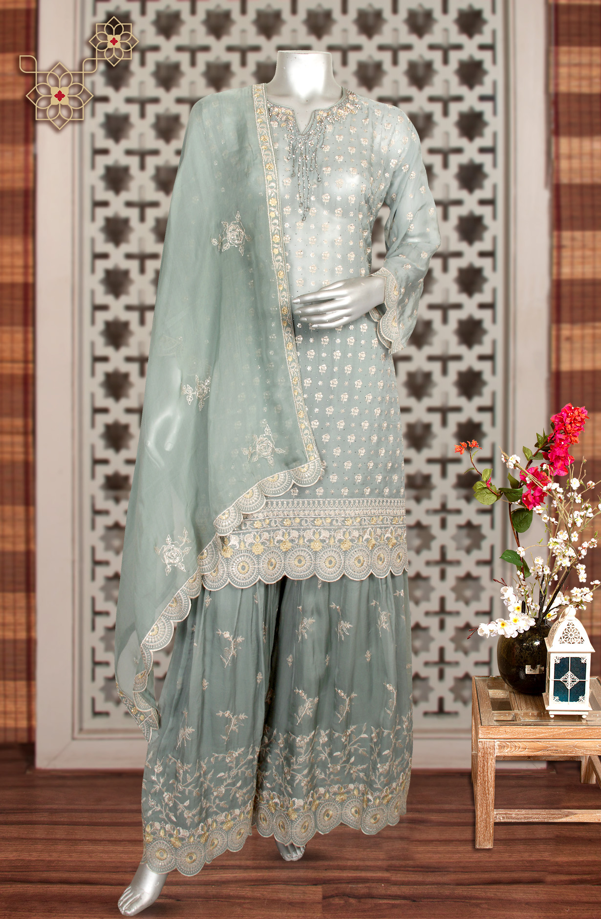 Pastel Green Embroidered Organza Semi-stitched Sharara Suit - 752-5705