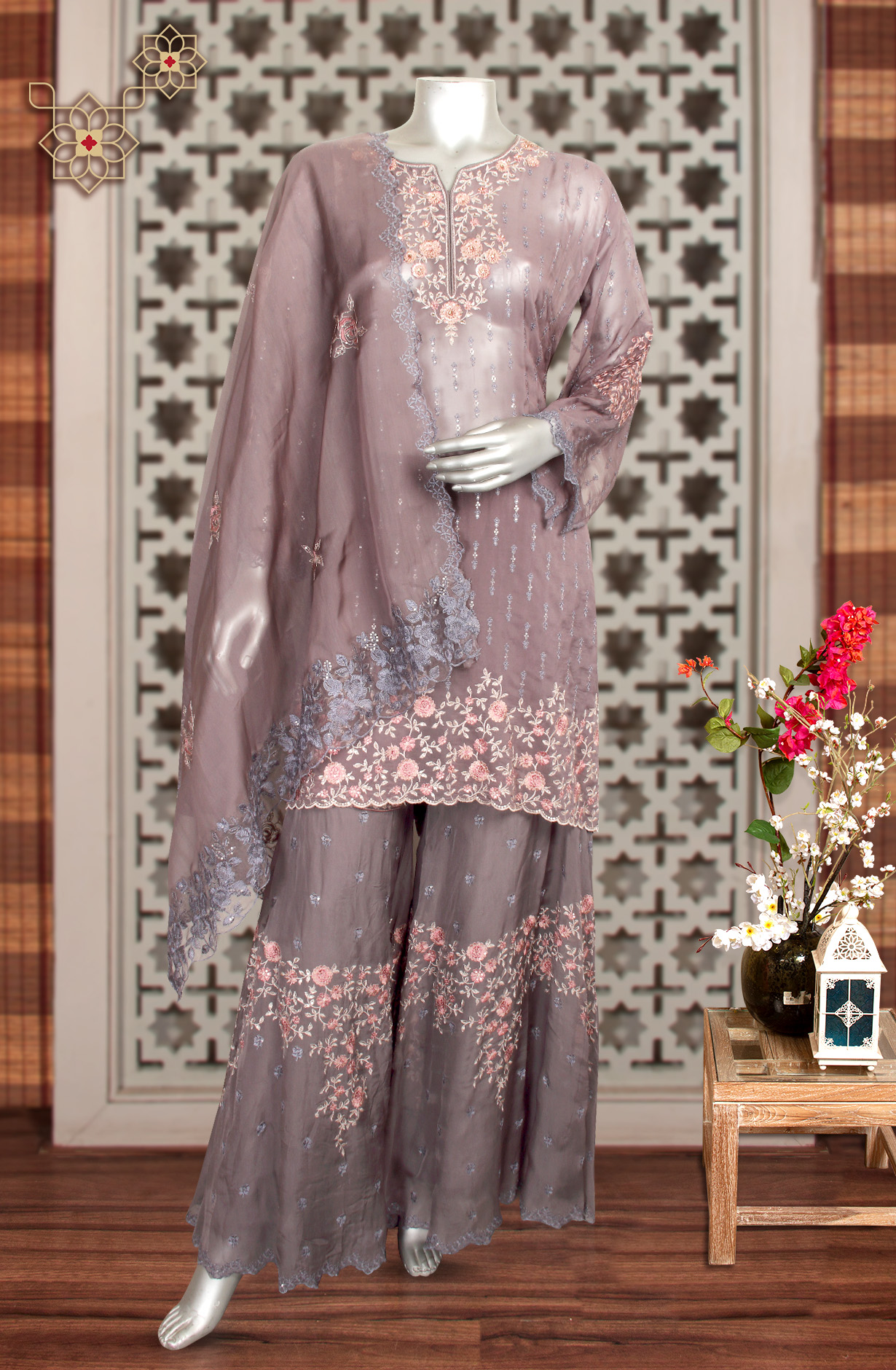 Grey Embroidered Organza Semi-stitched Sharara Suit - 752-5705A