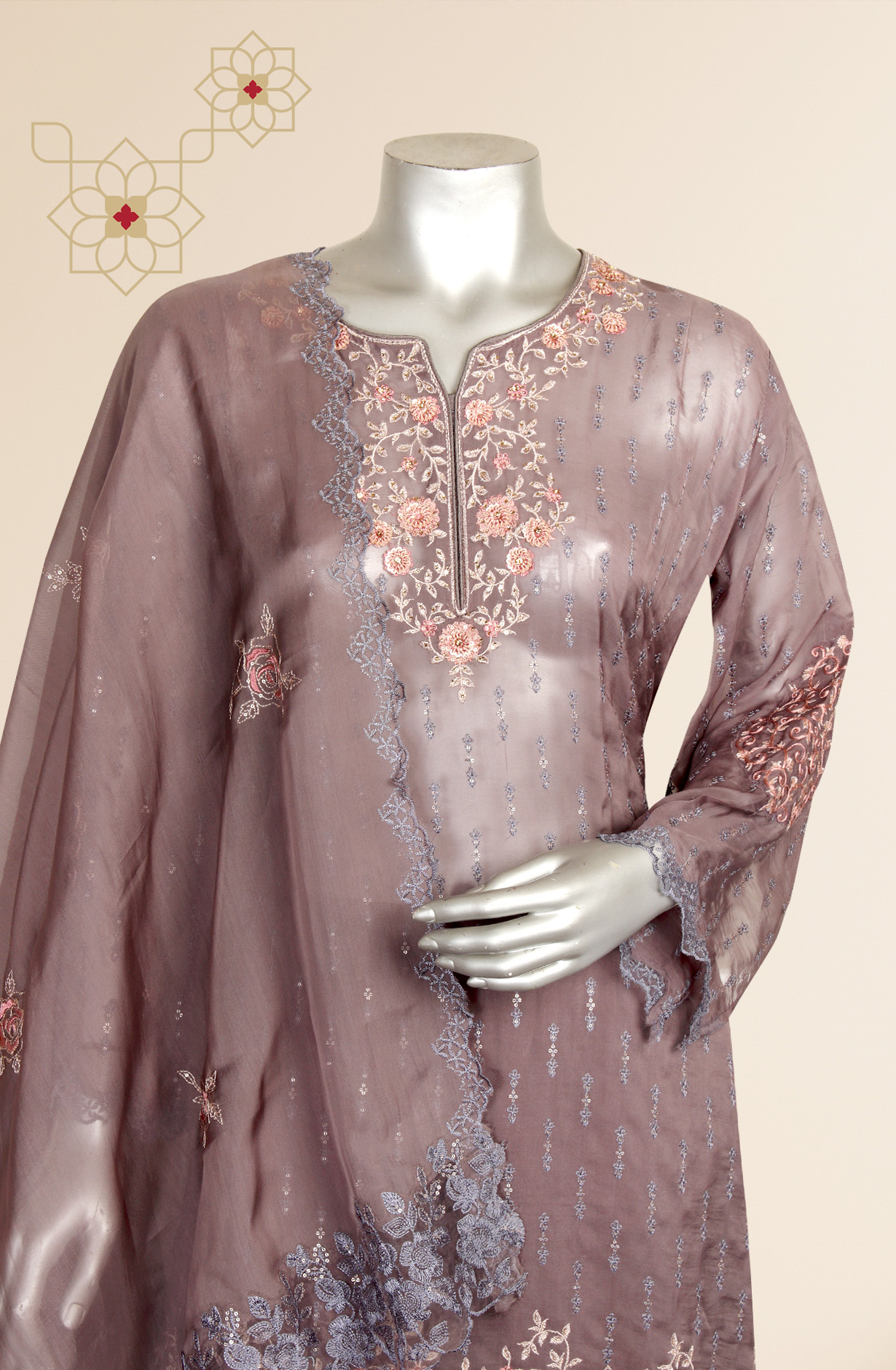 Grey Embroidered Organza Semi-stitched Sharara Suit - 752-5705A