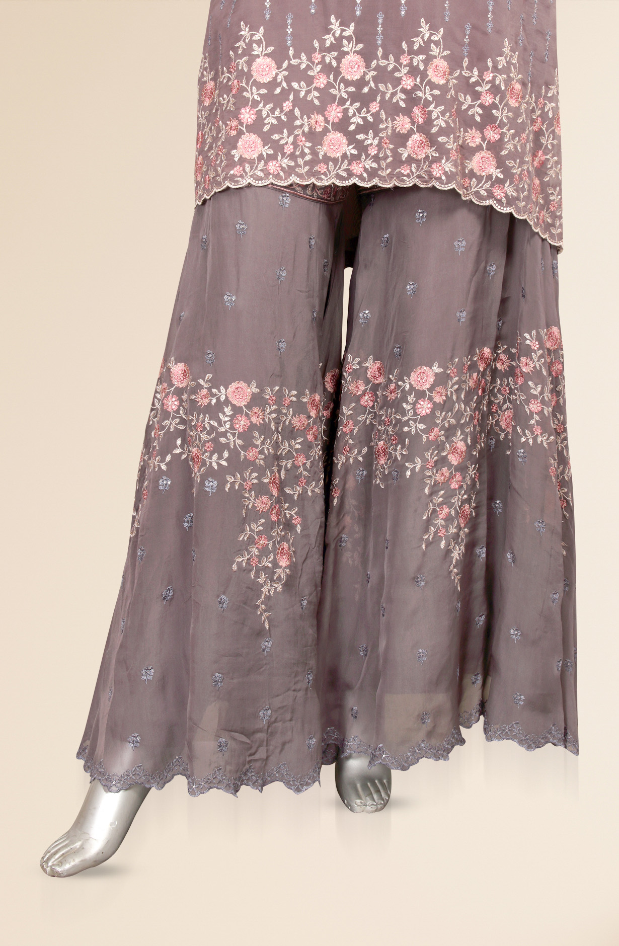 Grey Embroidered Organza Semi-stitched Sharara Suit - 752-5705A