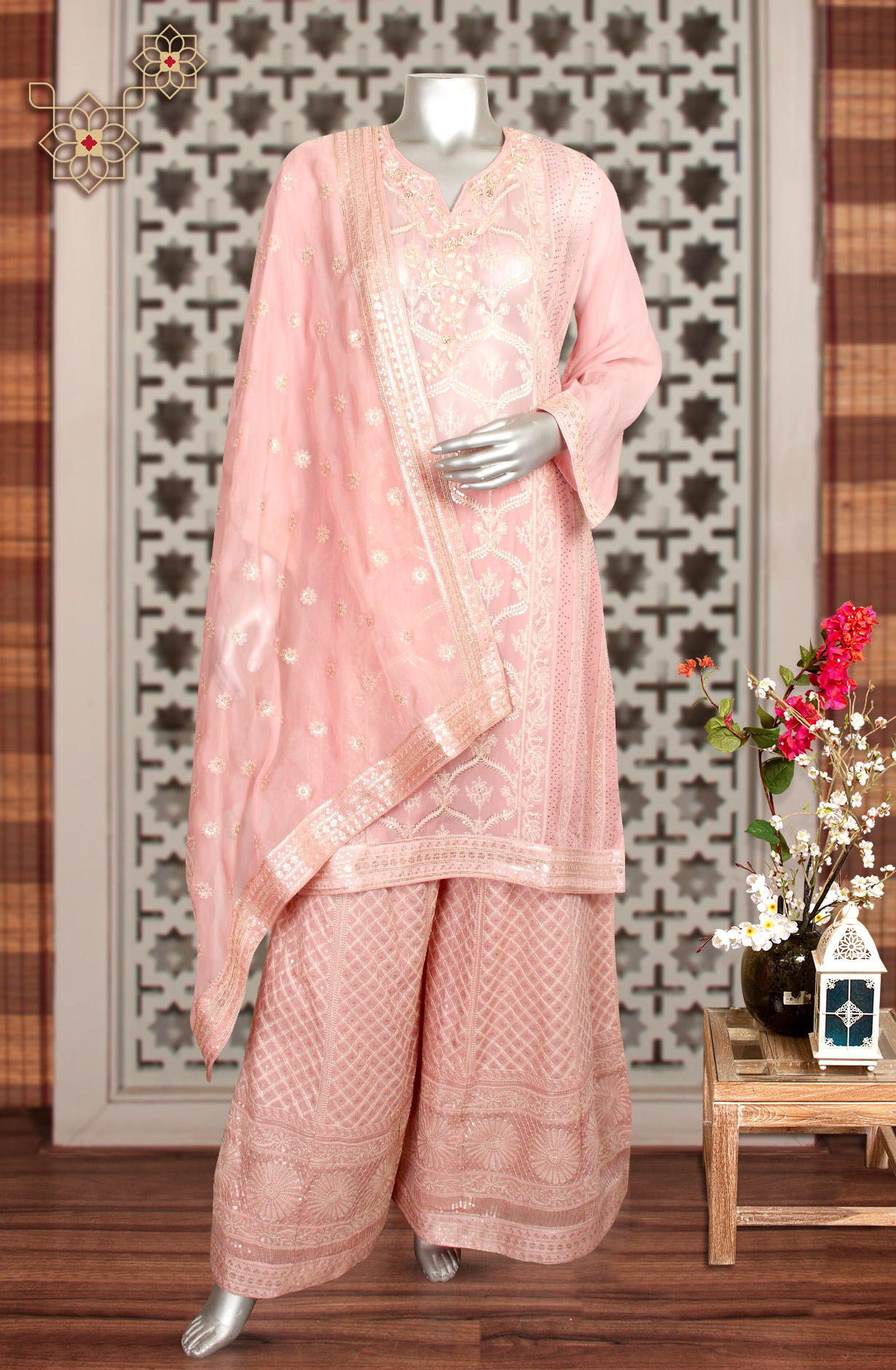 Pink Partywear Embroidered Organza Semi-stitched Palazzo Suit - 752-5784