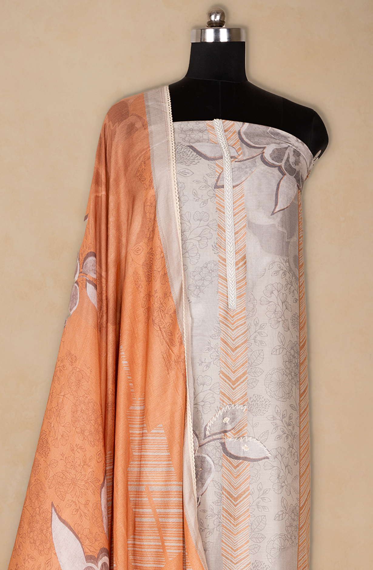 Grey Muslin Printed Suit set with Dupatta - 752-7710