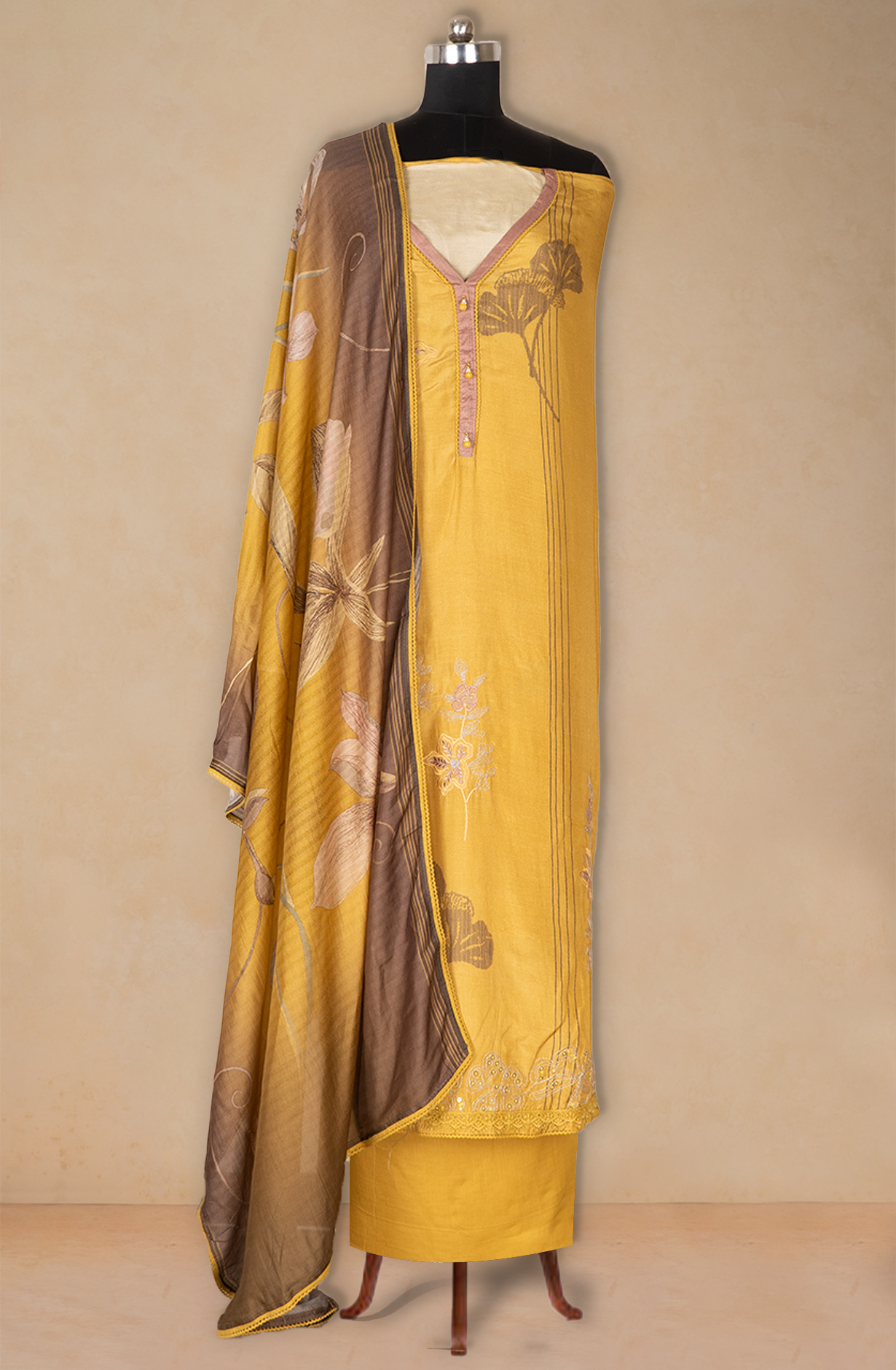 Yellow Muslin Printed Suit set with Dupatta - 752-7788