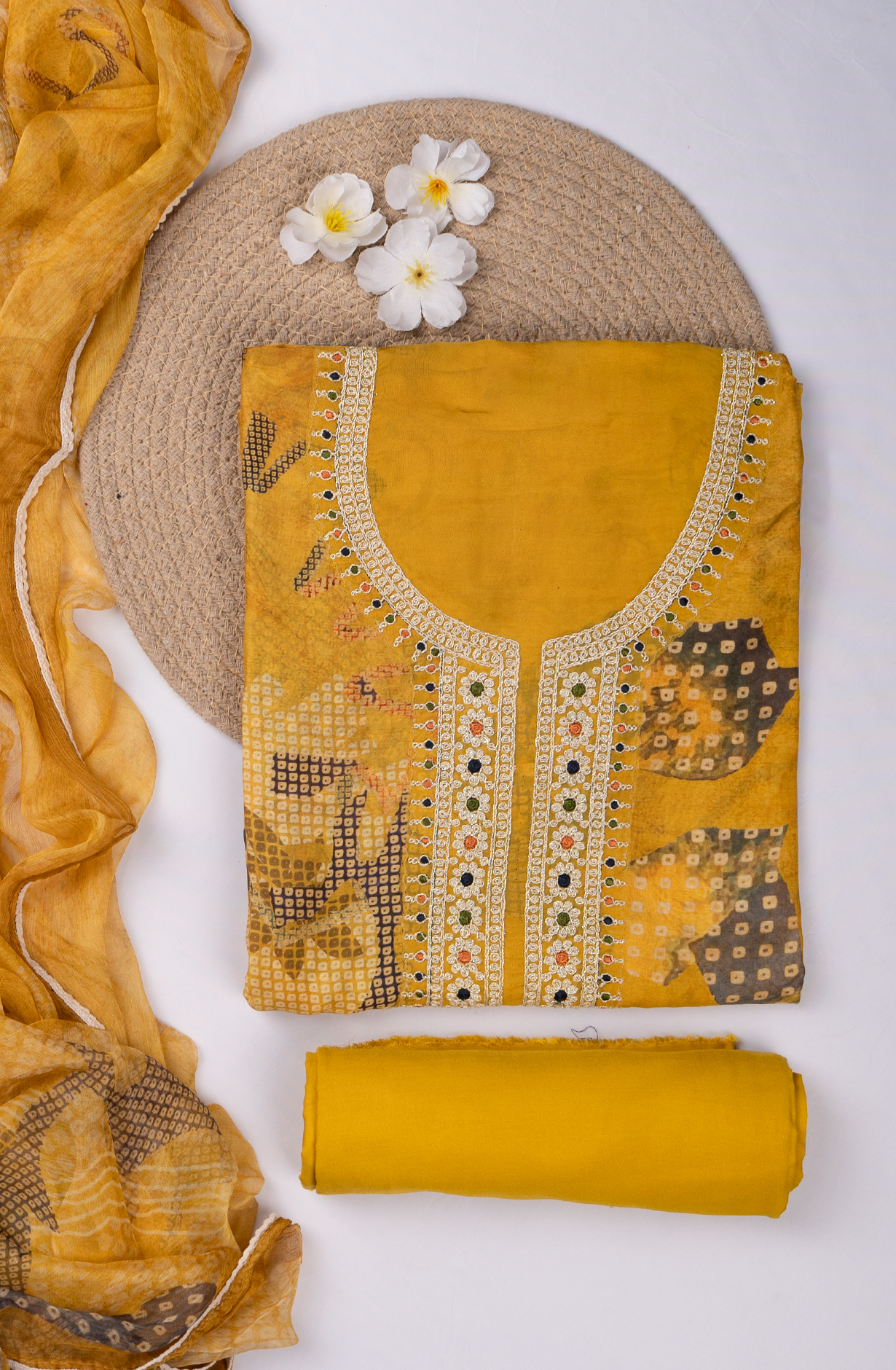Yellow Muslin Printed Suit set with Dupatta - 752-7873
