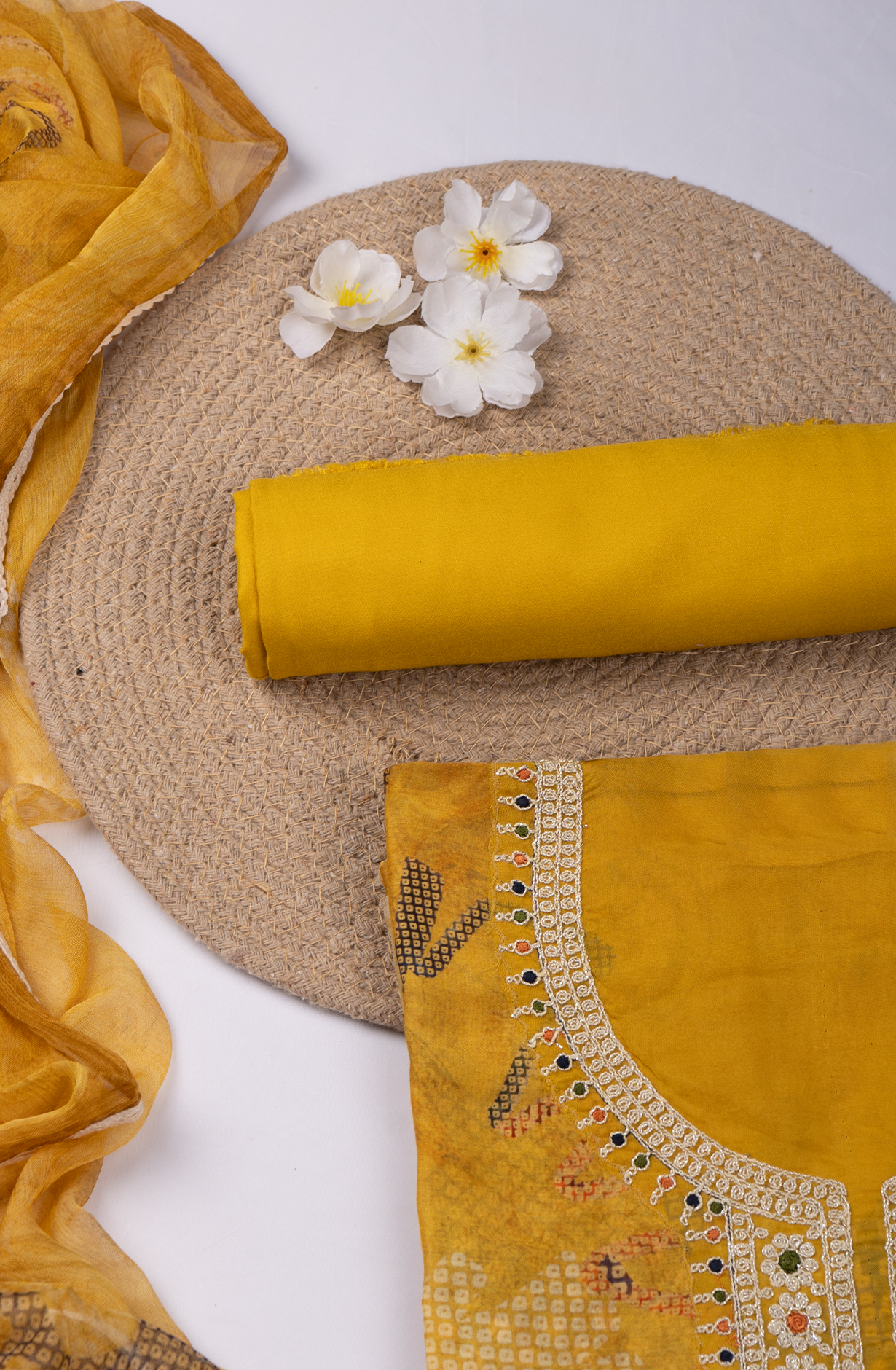 Yellow Muslin Printed Suit set with Dupatta - 752-7873