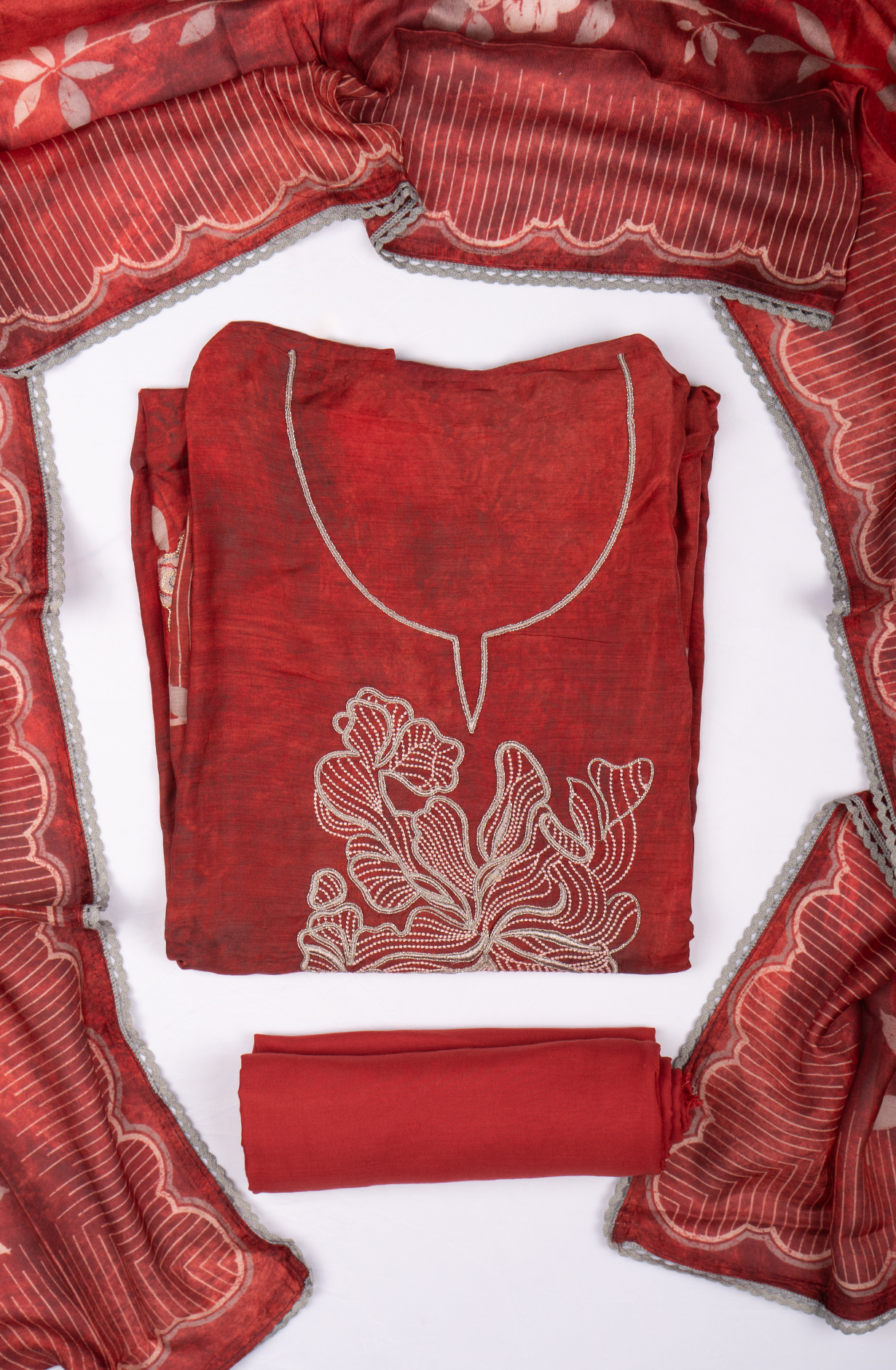 Red Muslin Printed Suit set with Dupatta - 752-7898A