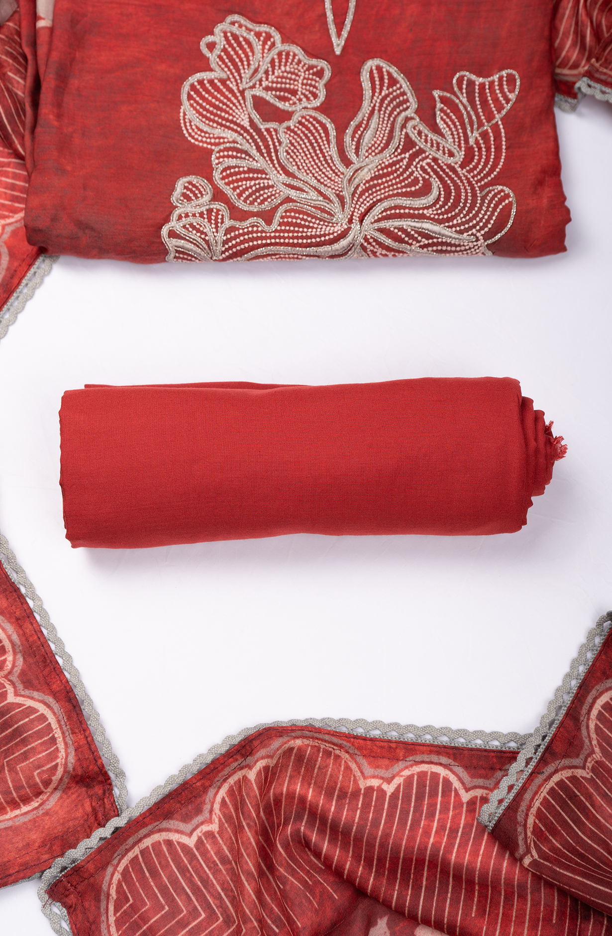 Red Muslin Printed Suit set with Dupatta - 752-7898A