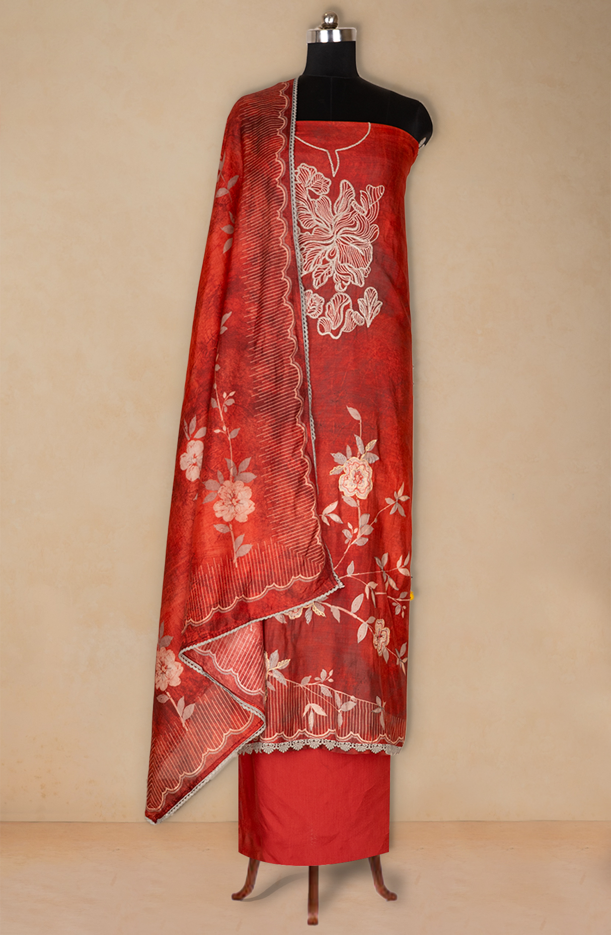 Red Muslin Printed Suit set with Dupatta - 752-7898A