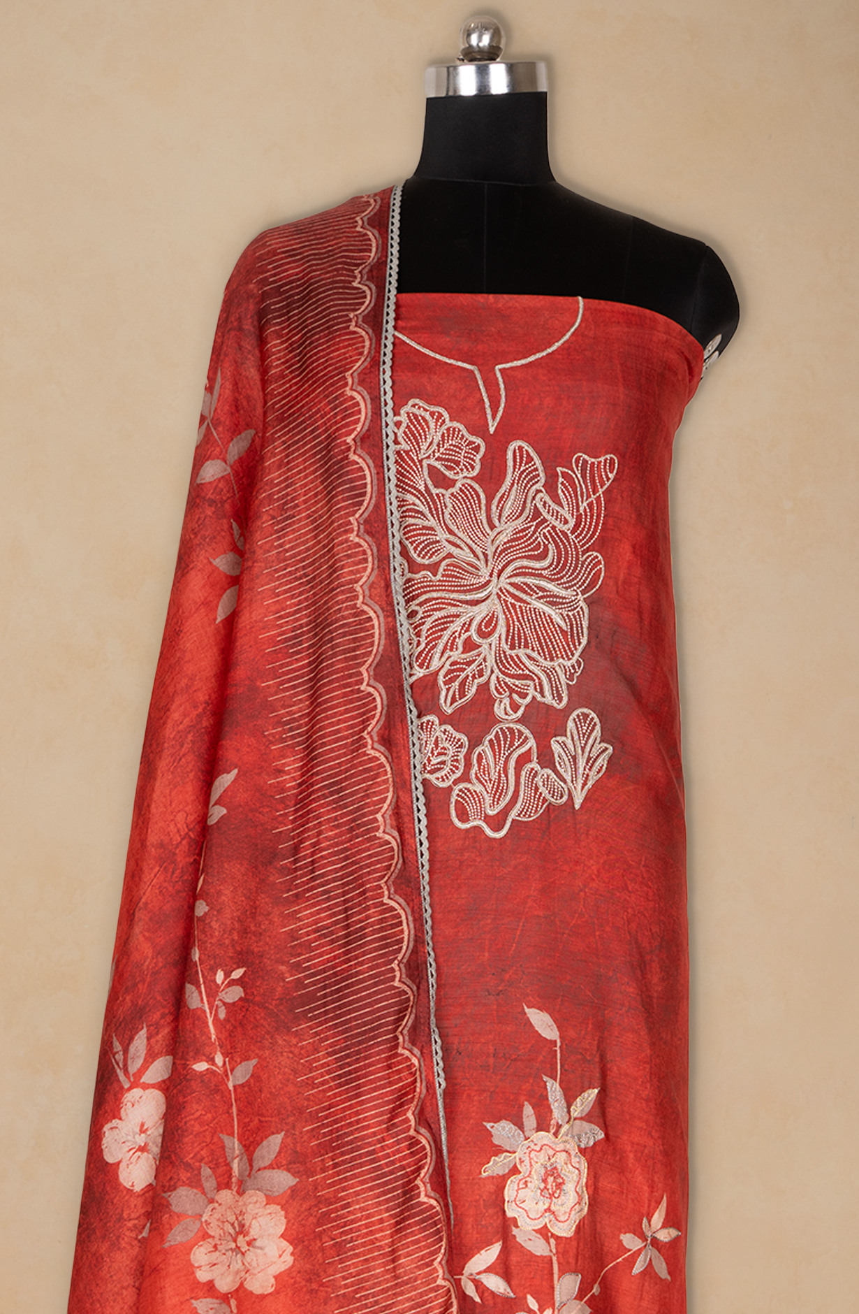 Red Muslin Printed Suit set with Dupatta - 752-7898A