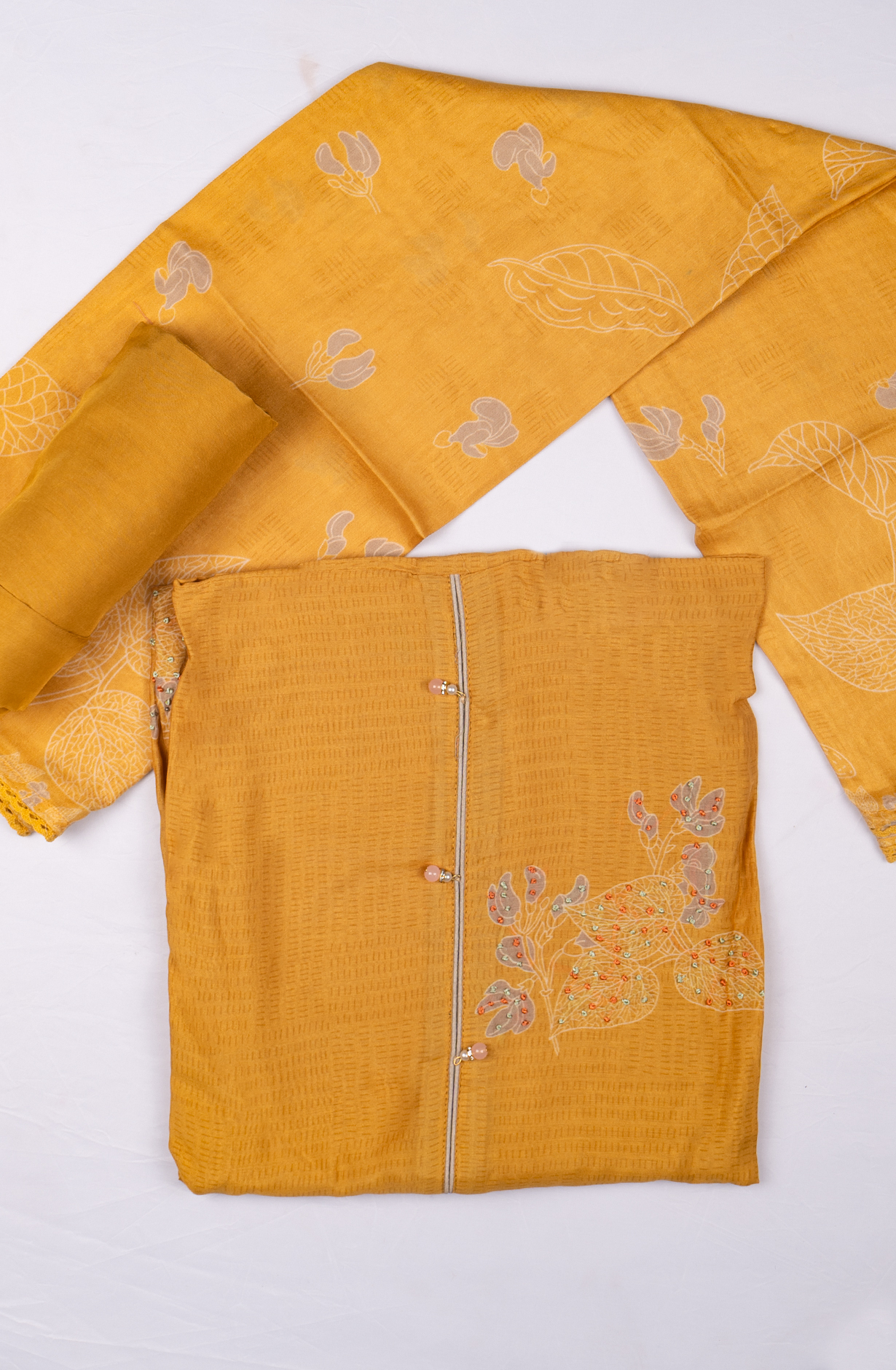 Yellow Muslin Printed Suit set with Dupatta - 752-7982