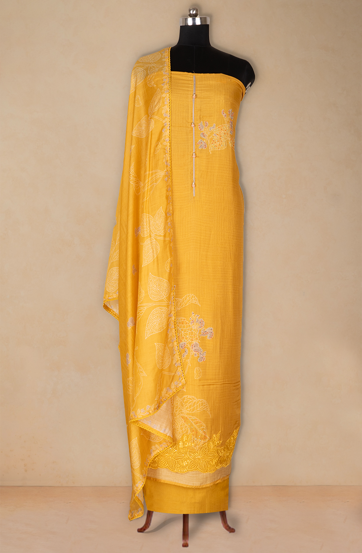 Yellow Muslin Printed Suit set with Dupatta - 752-7982