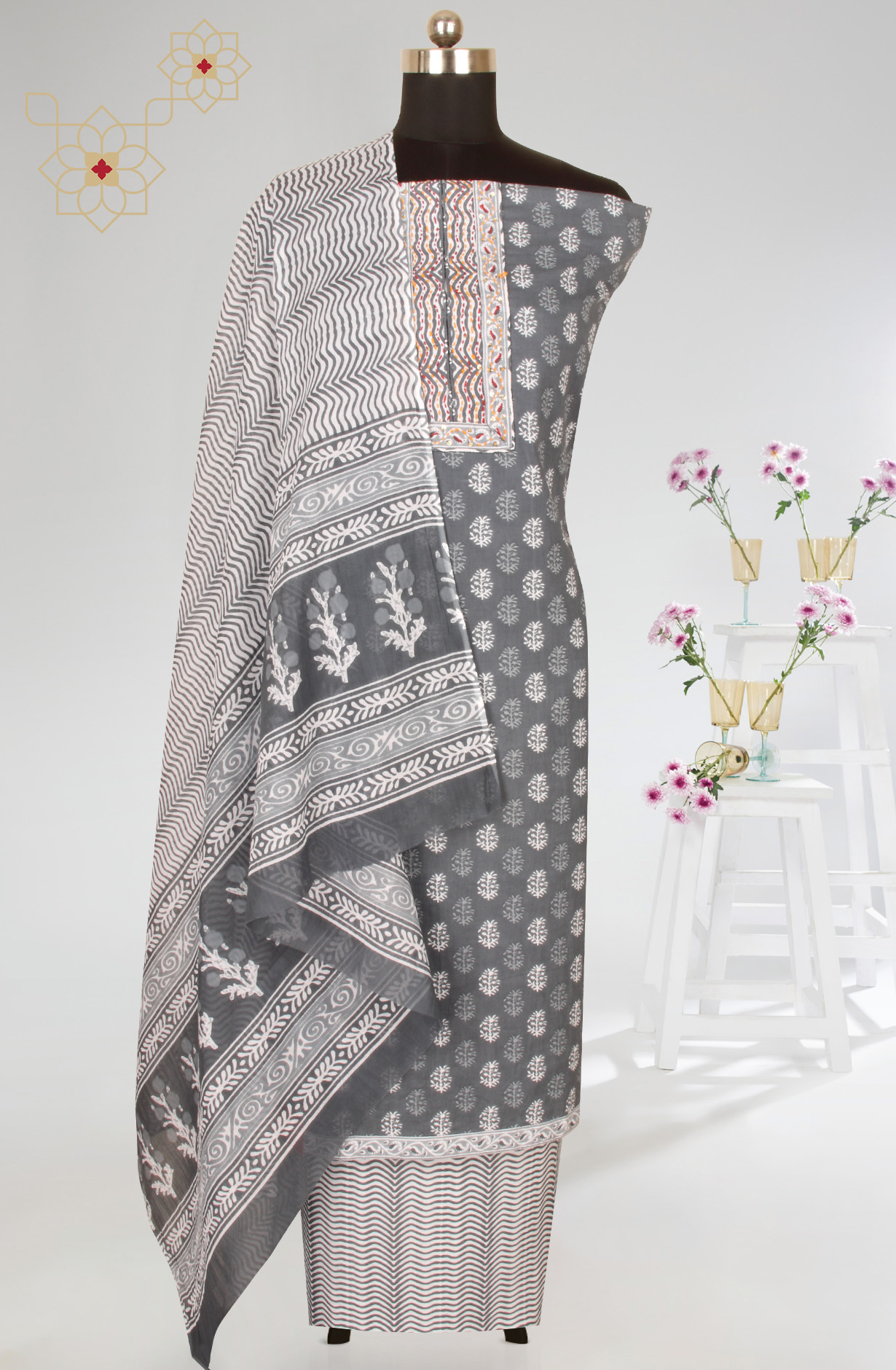 Grey Cotton Printed Salwar Kameez with Dupatta - PFSCOT1213-5A