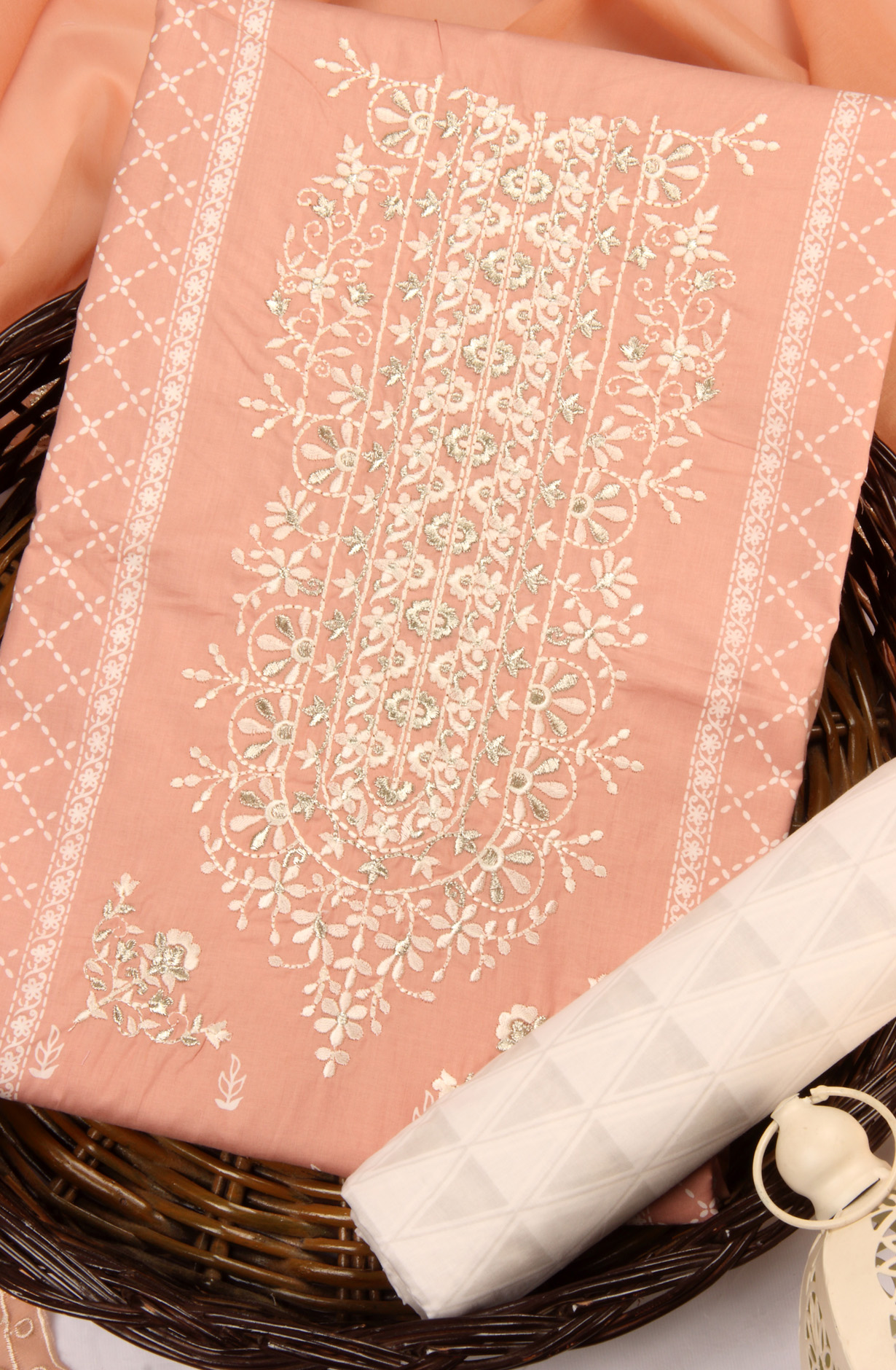 Peach Cotton Unstitched Salwar Suit with Trendy Dupatta - QAIS0034