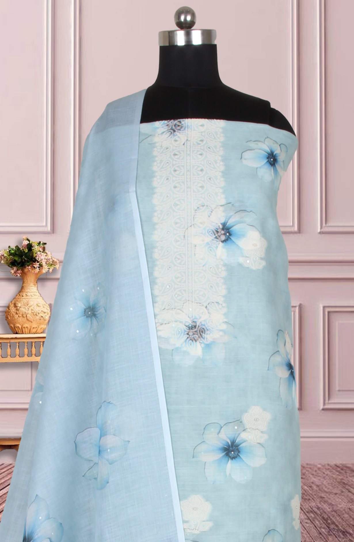 Sea Green Linen Digital Printed Unstitched Suit with Dupatta - 767-A941-3A