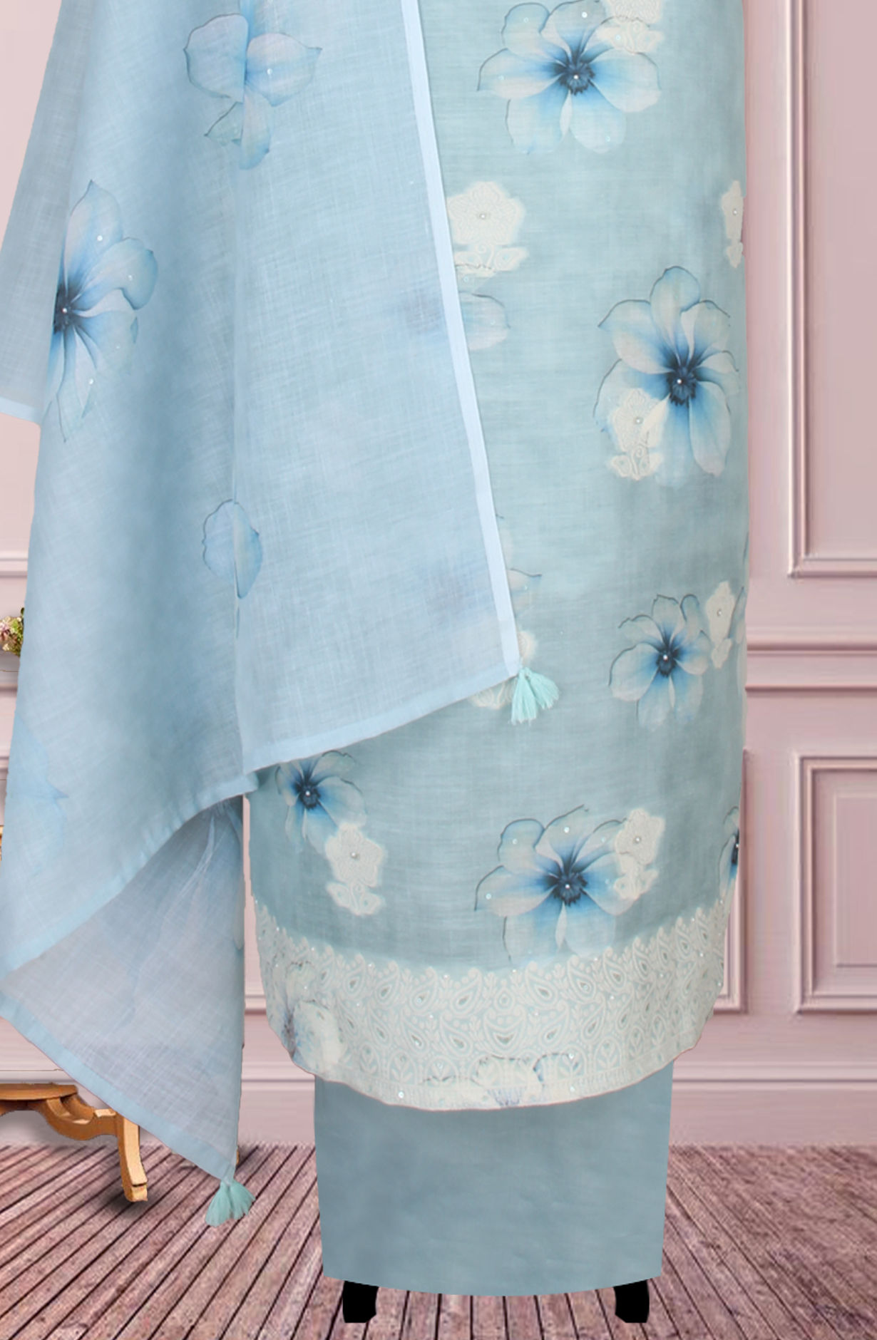 Sea Green Linen Digital Printed Unstitched Suit with Dupatta - 767-A941-3A