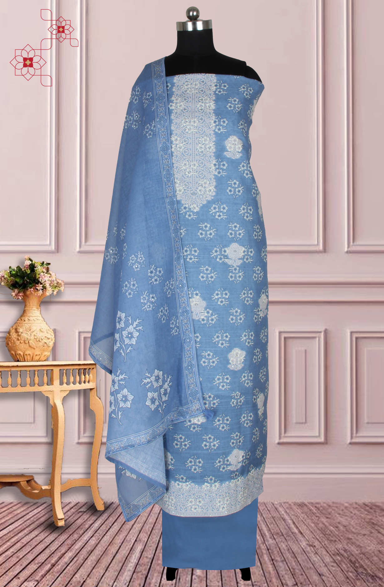 Pastel Blue Linen Digital Printed Unstitched Suit with Dupatta - 767-A941-2A