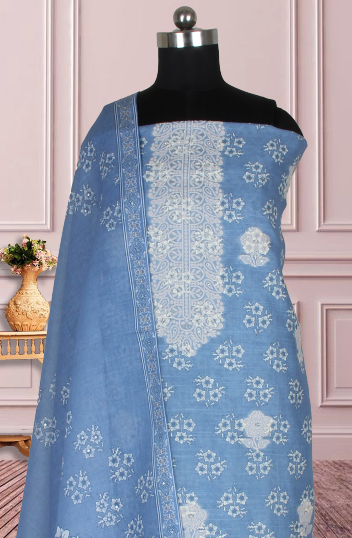 Pastel Blue Linen Digital Printed Unstitched Suit with Dupatta - 767-A941-2A