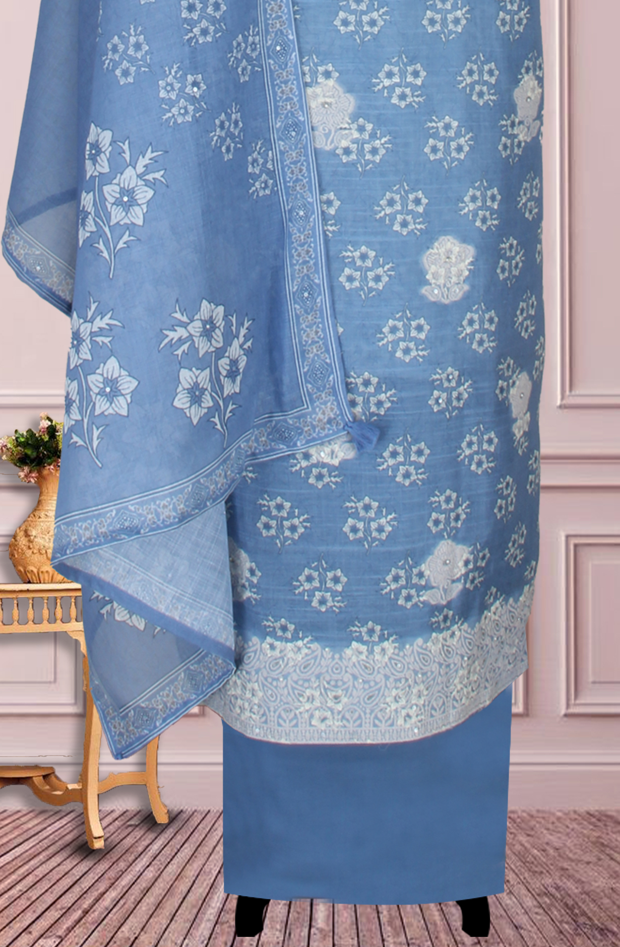Pastel Blue Linen Digital Printed Unstitched Suit with Dupatta - 767-A941-2A