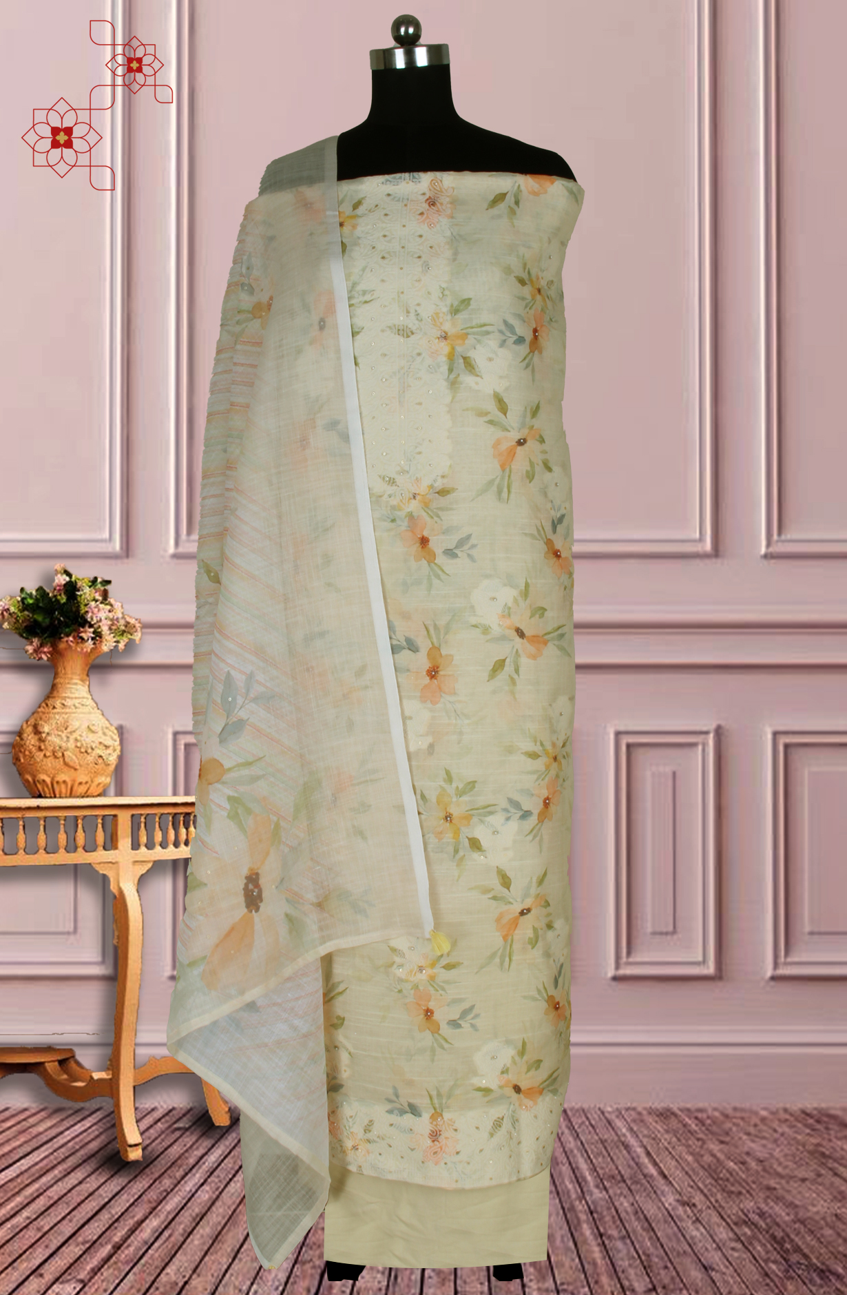 Lemon Yellow Linen Digital Printed Unstitched Suit with Dupatta - 767-A941