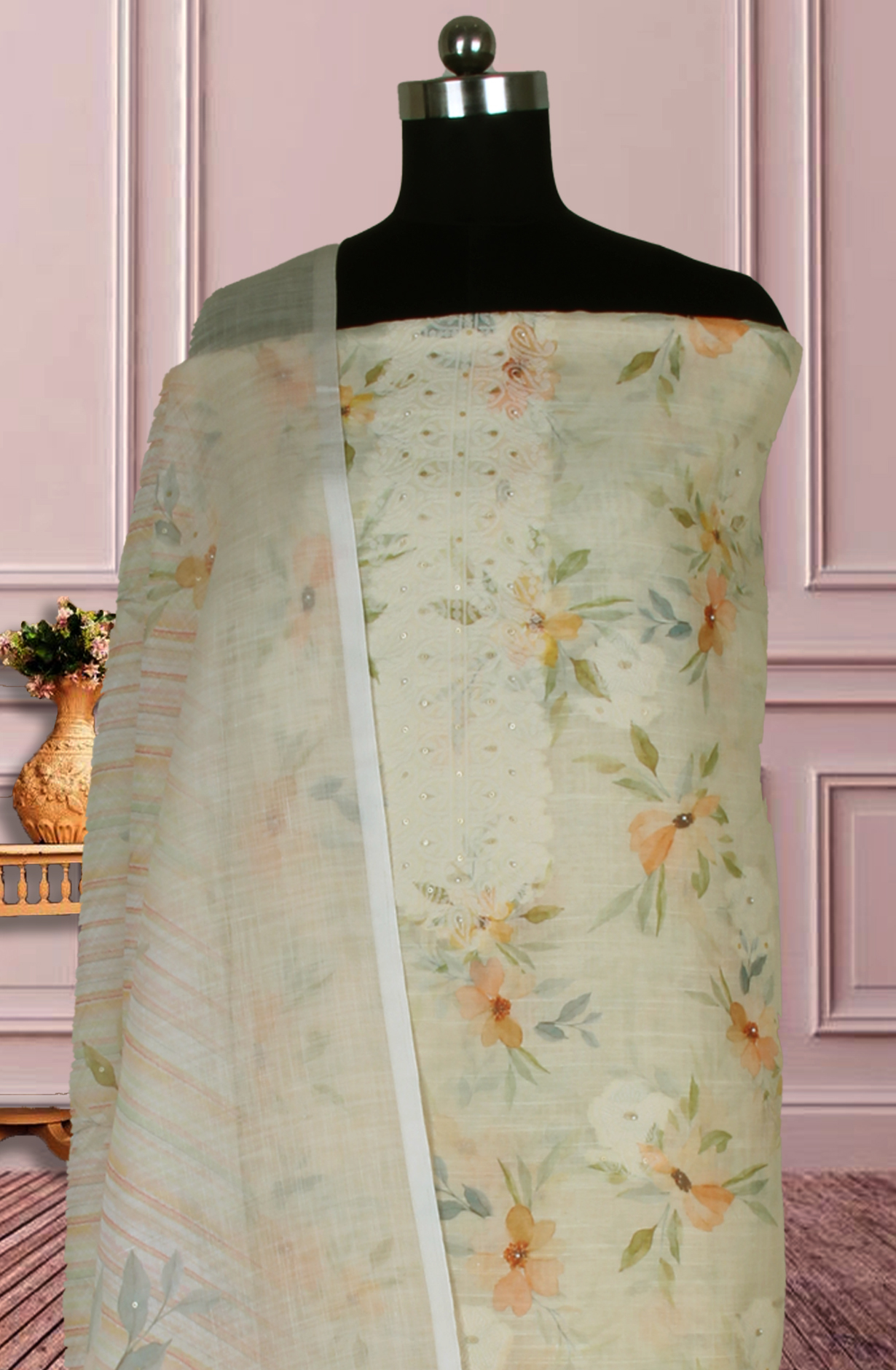 Lemon Yellow Linen Digital Printed Unstitched Suit with Dupatta - 767-A941