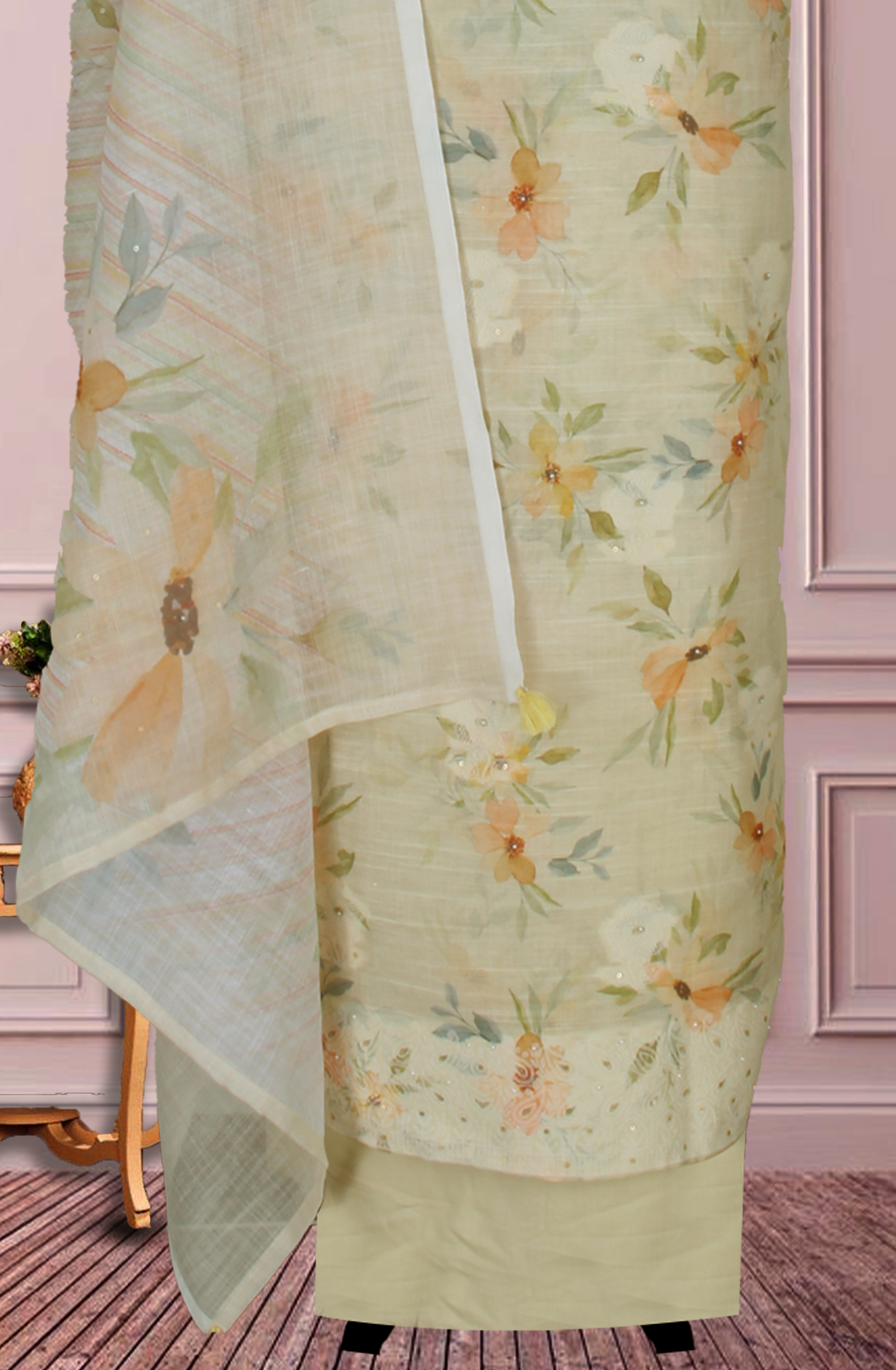 Lemon Yellow Linen Digital Printed Unstitched Suit with Dupatta - 767-A941