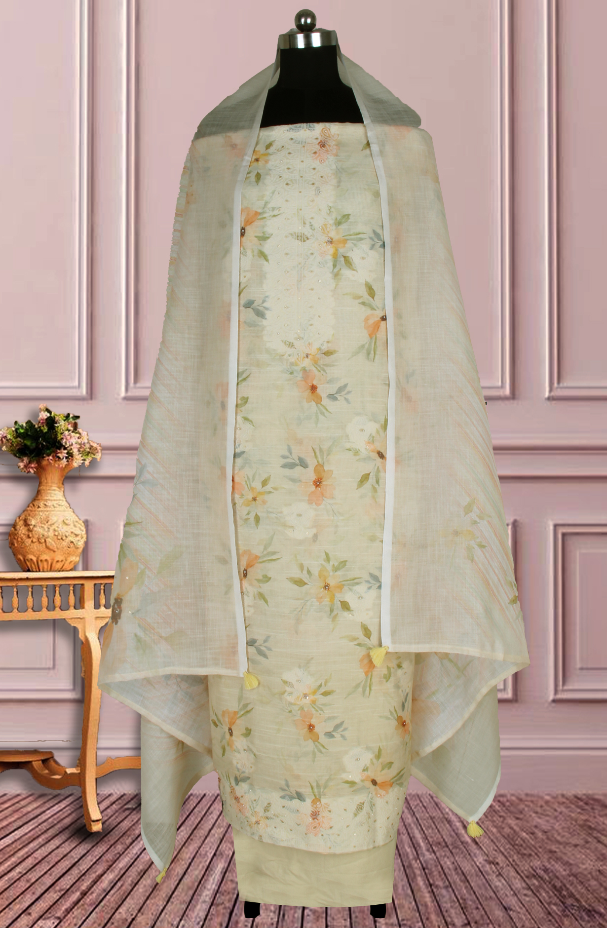 Lemon Yellow Linen Digital Printed Unstitched Suit with Dupatta - 767-A941