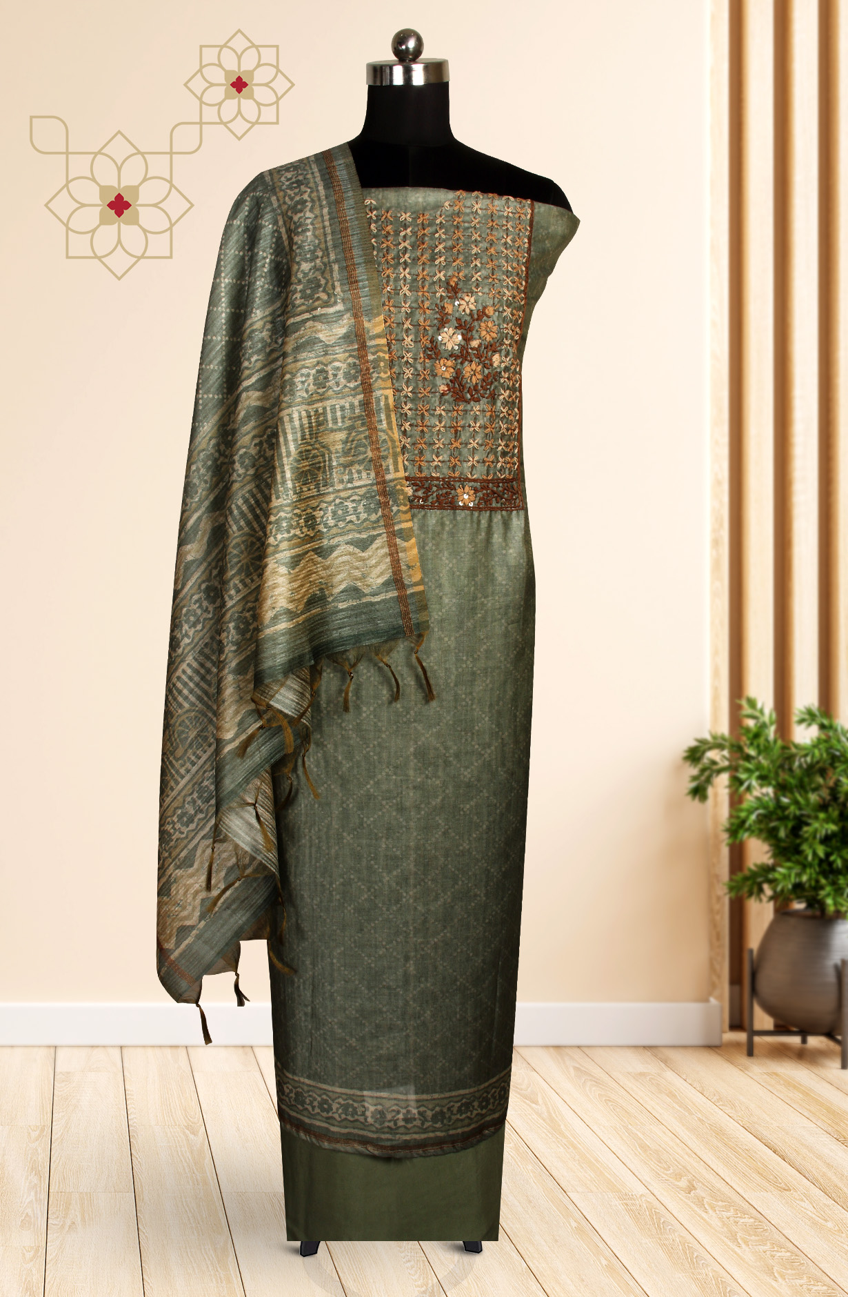 Mehndi Green Chanderi Kantha Work Unstitched Salwar Kameez with Dupatta - 767-BI64