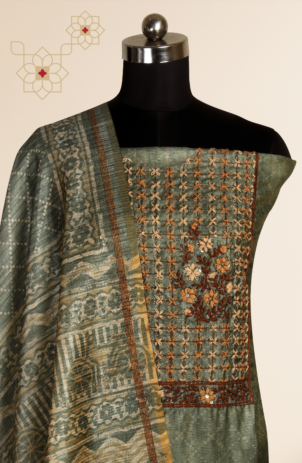 Mehndi Green Chanderi Kantha Work Unstitched Salwar Kameez with Dupatta - 767-BI64