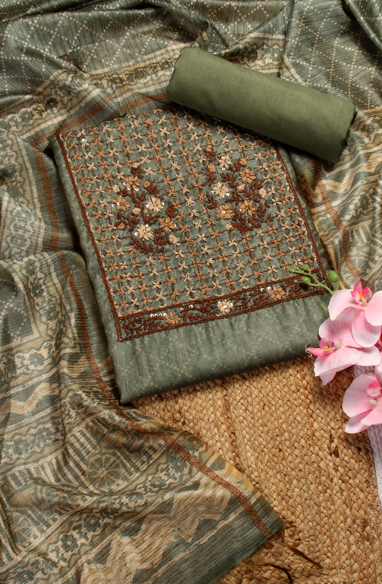 Mehndi Green Chanderi Kantha Work Unstitched Salwar Kameez with Dupatta - 767-BI64