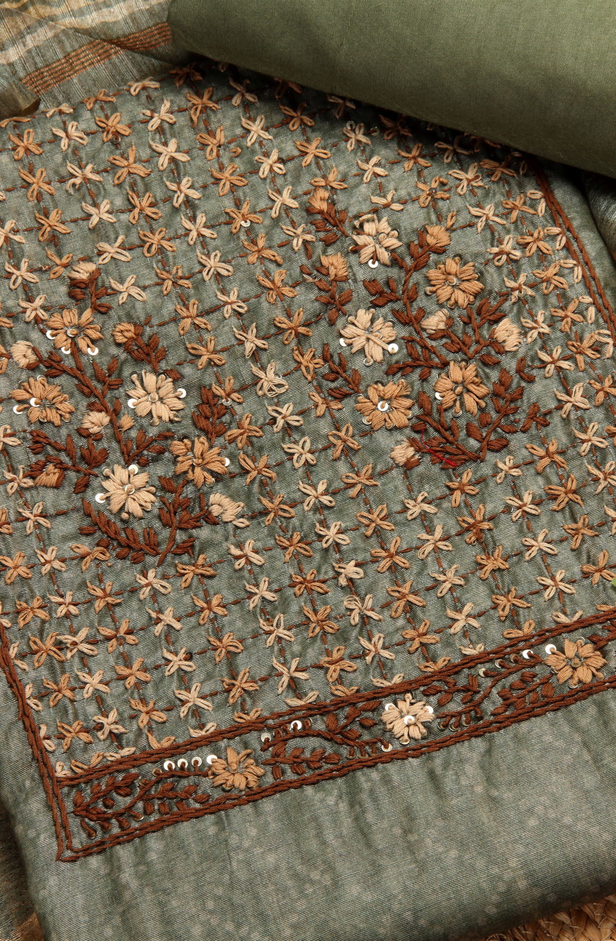 Mehndi Green Chanderi Kantha Work Unstitched Salwar Kameez with Dupatta - 767-BI64