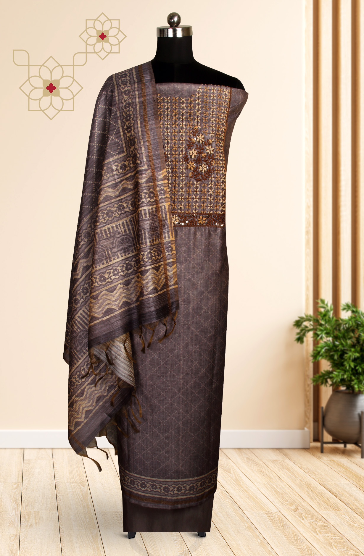 Mauve Chanderi Kantha Work Unstitched Salwar Kameez with Dupatta - 767-BI64A