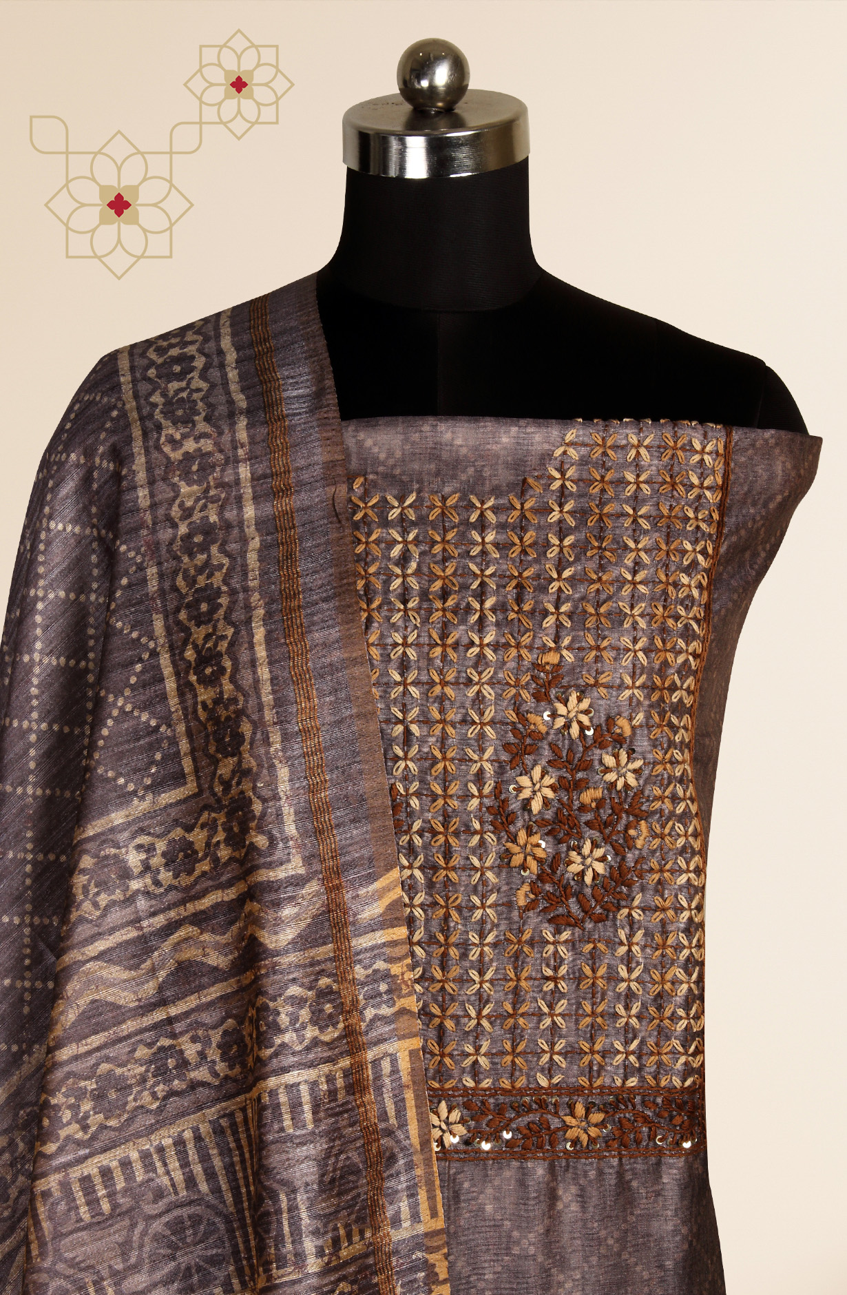 Mauve Chanderi Kantha Work Unstitched Salwar Kameez with Dupatta - 767-BI64A