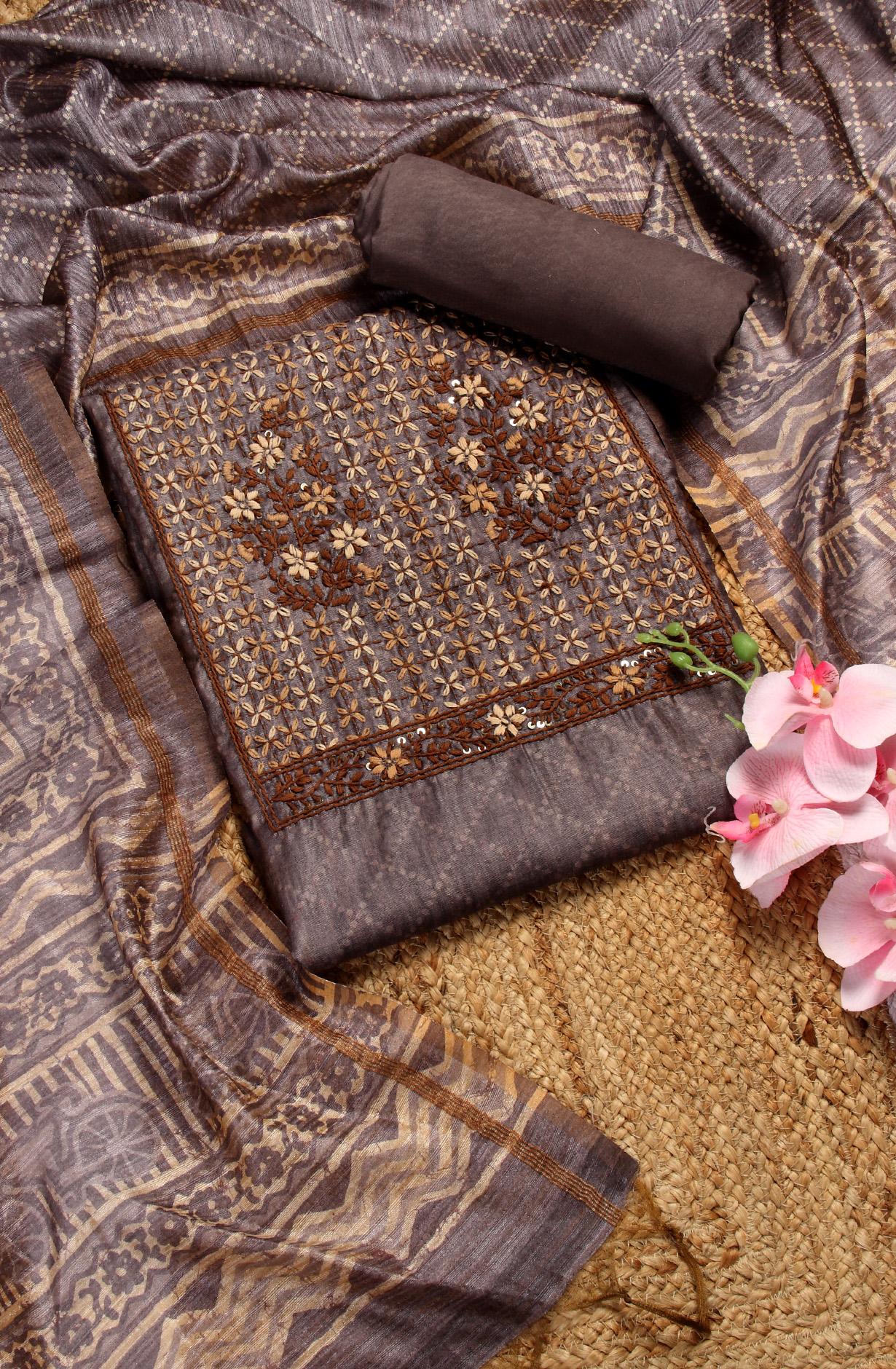 Mauve Chanderi Kantha Work Unstitched Salwar Kameez with Dupatta - 767-BI64A