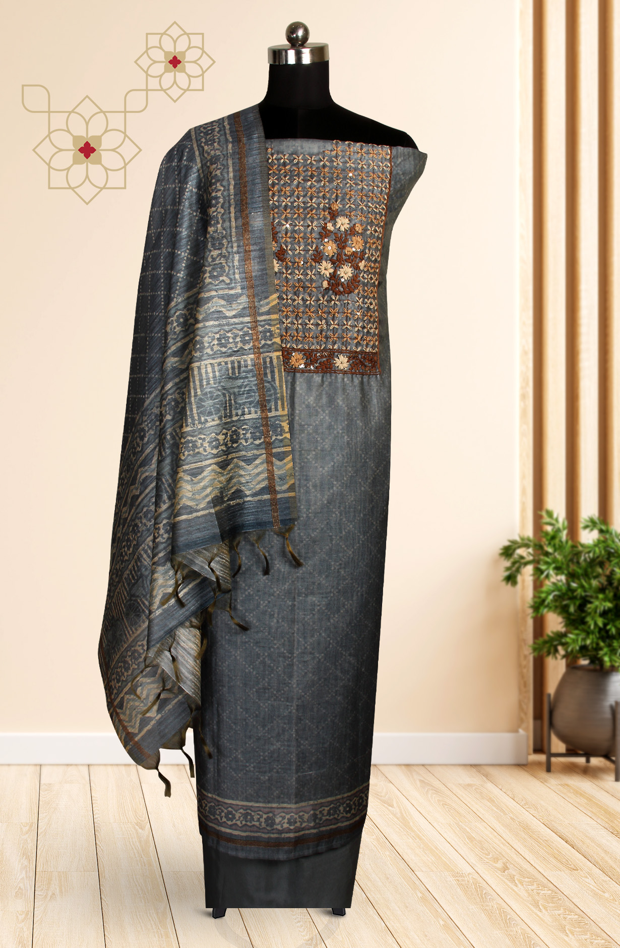 Grey Chanderi Kantha Work Unstitched Salwar Kameez with Dupatta - 767-BI64B