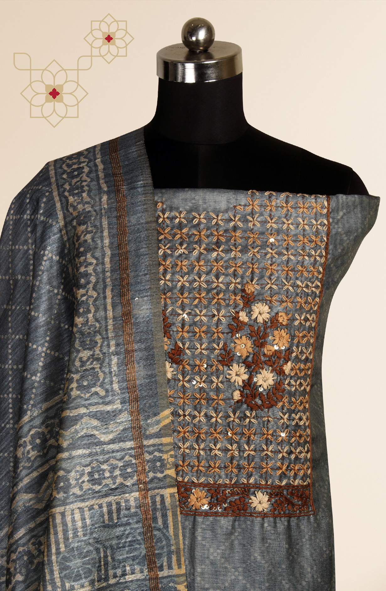 Grey Chanderi Kantha Work Unstitched Salwar Kameez with Dupatta - 767-BI64B