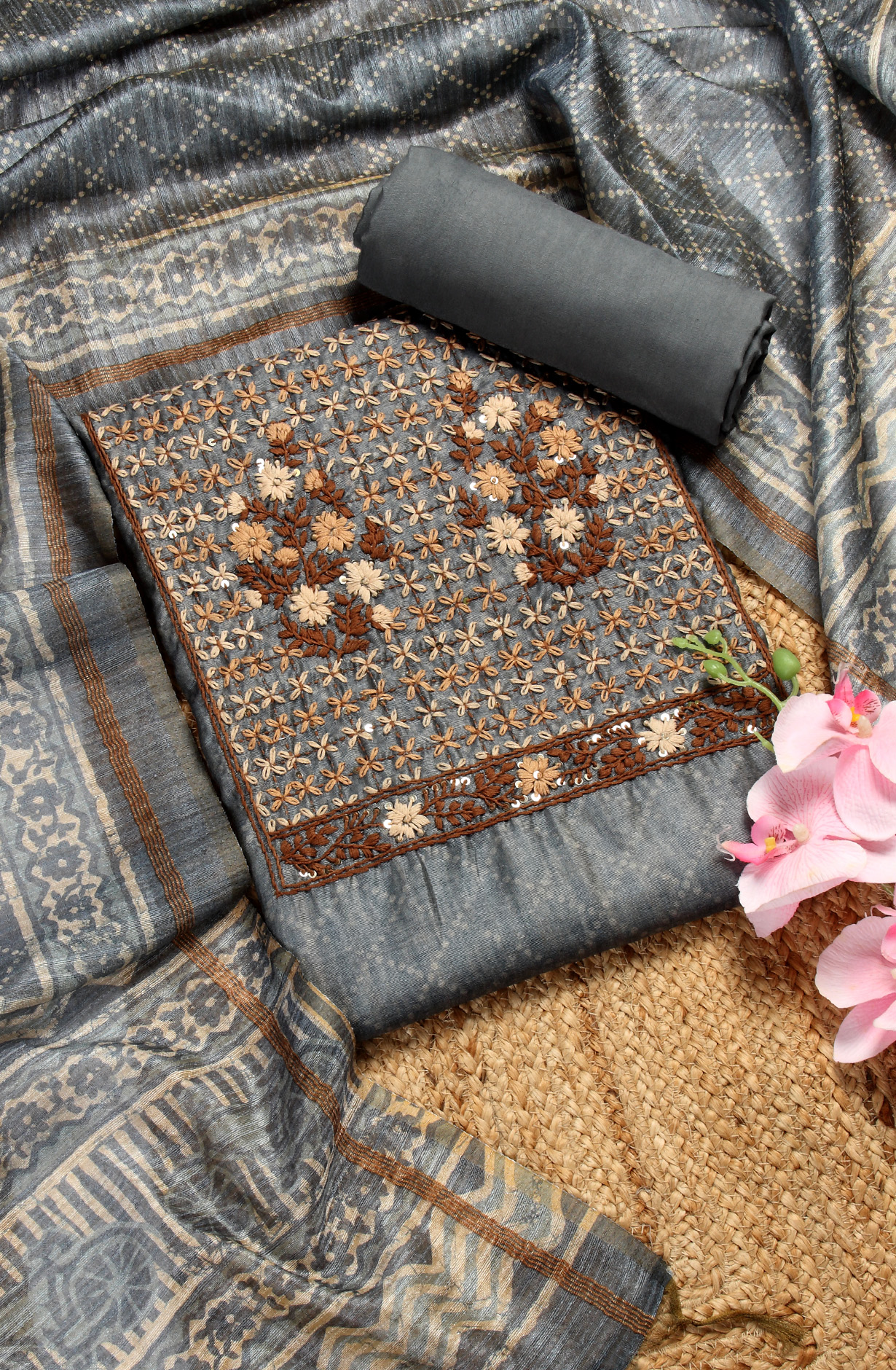 Grey Chanderi Kantha Work Unstitched Salwar Kameez with Dupatta - 767-BI64B