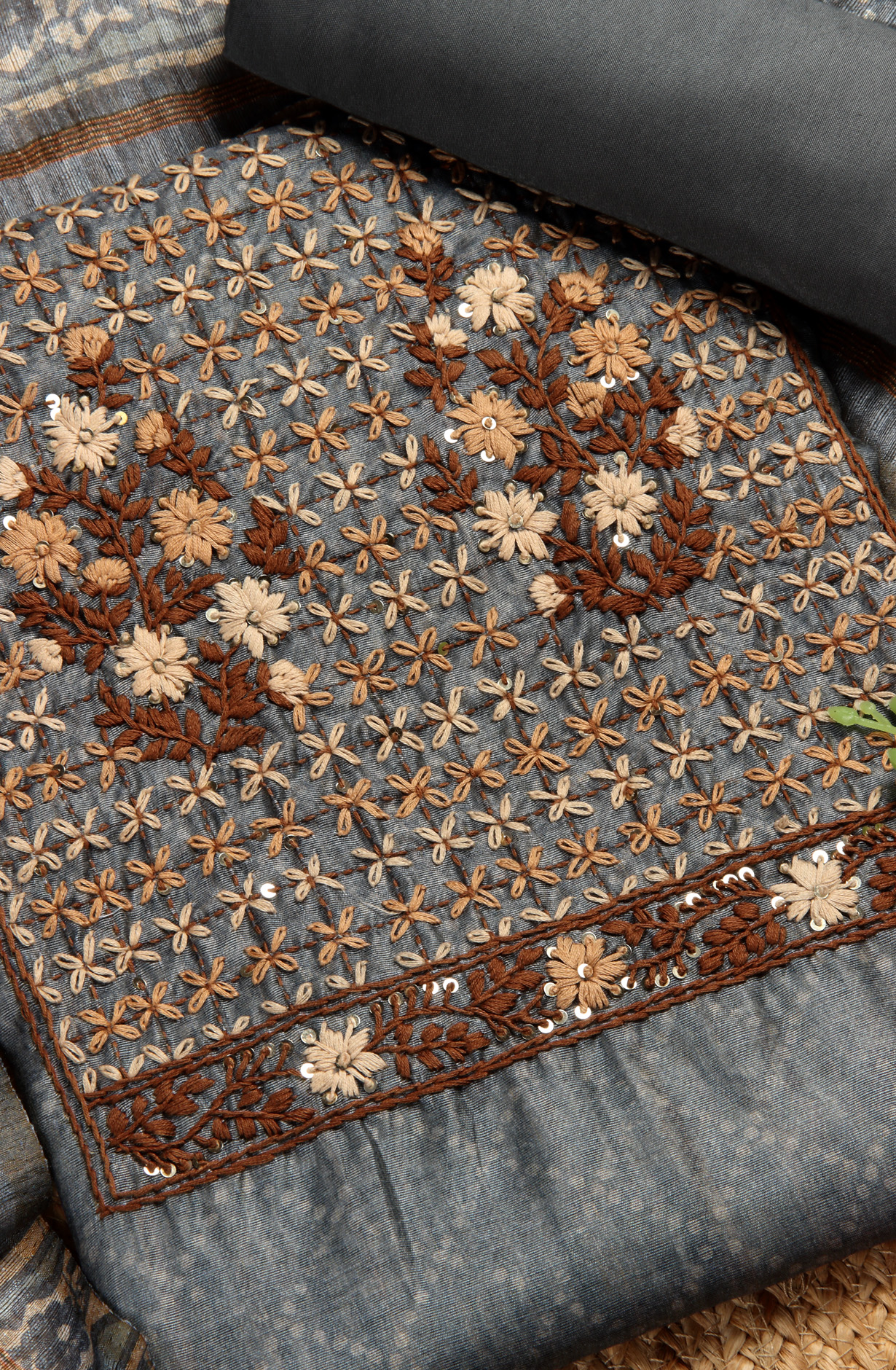 Grey Chanderi Kantha Work Unstitched Salwar Kameez with Dupatta - 767-BI64B