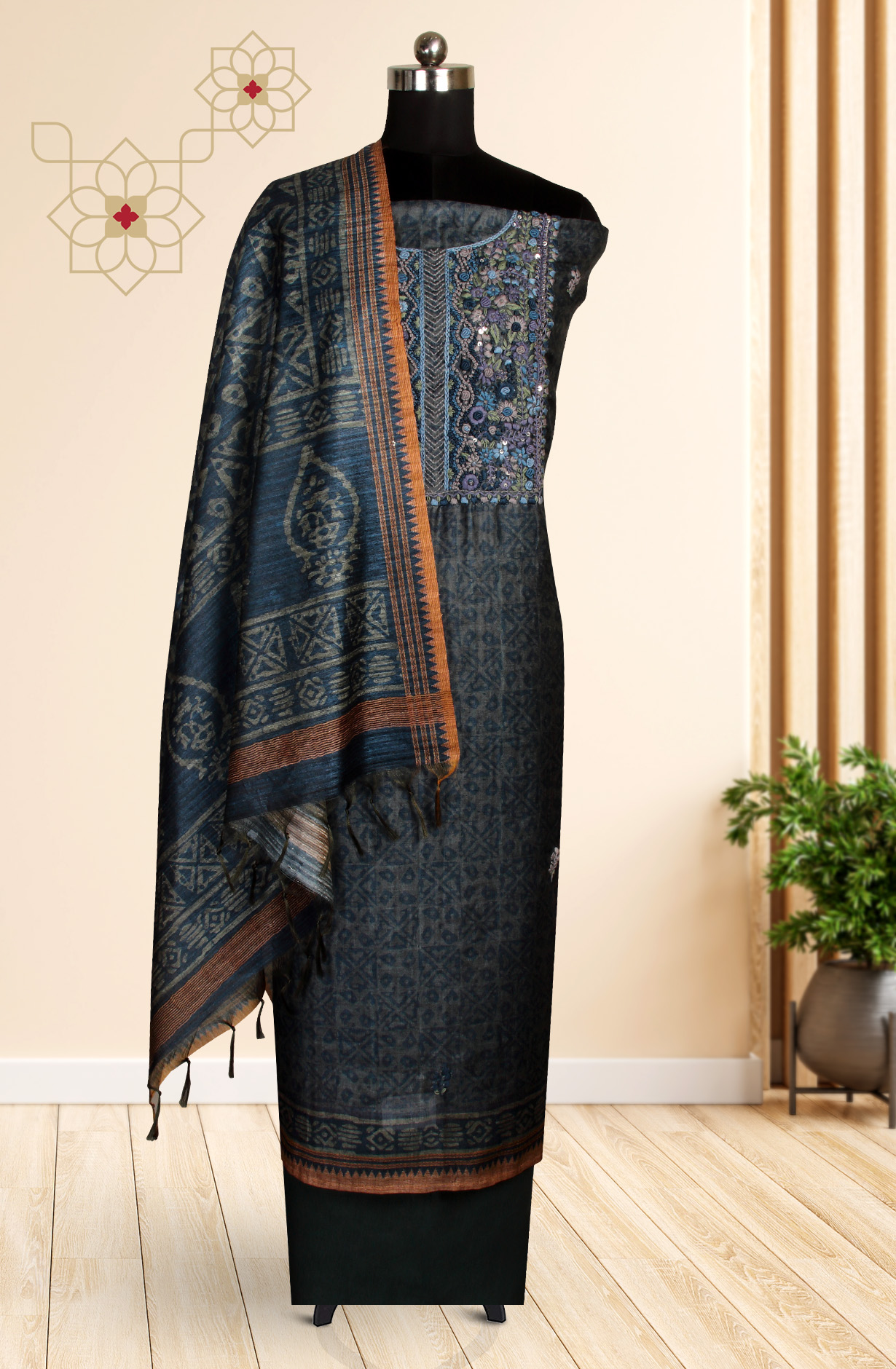 Olive Green Chanderi Kantha Work Unstitched Salwar Kameez with Dupatta - 767-GI68B