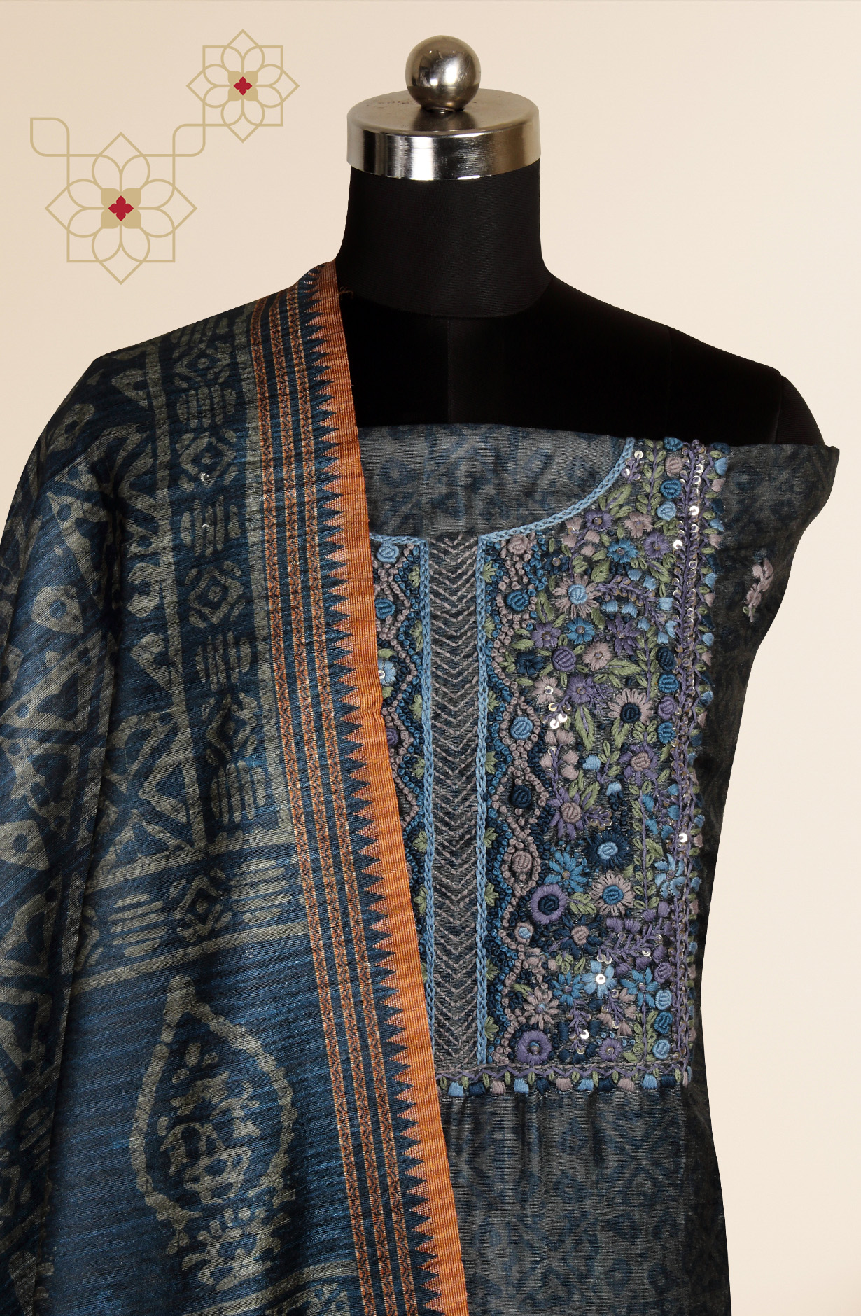 Olive Green Chanderi Kantha Work Unstitched Salwar Kameez with Dupatta - 767-GI68B