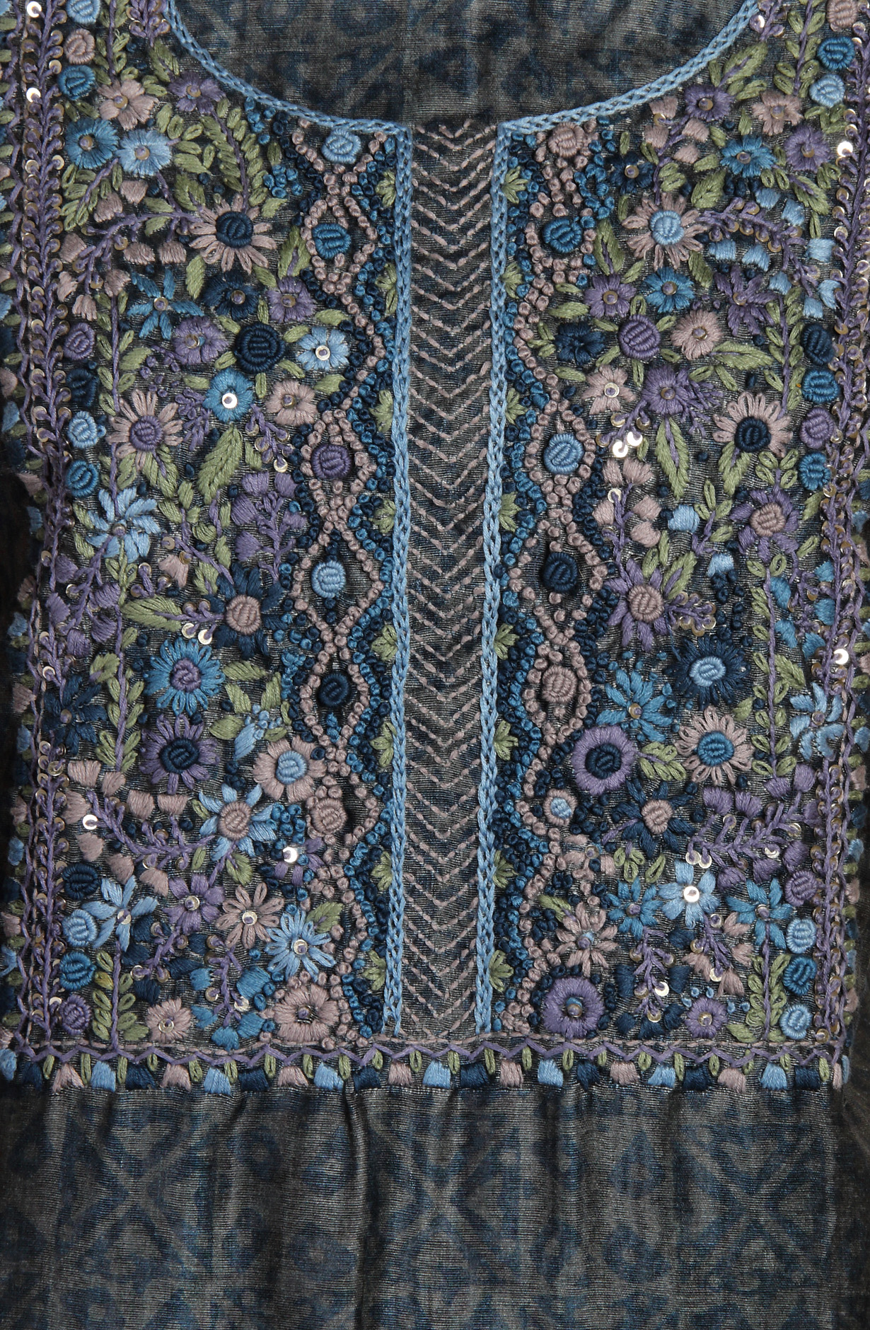 Olive Green Chanderi Kantha Work Unstitched Salwar Kameez with Dupatta - 767-GI68B