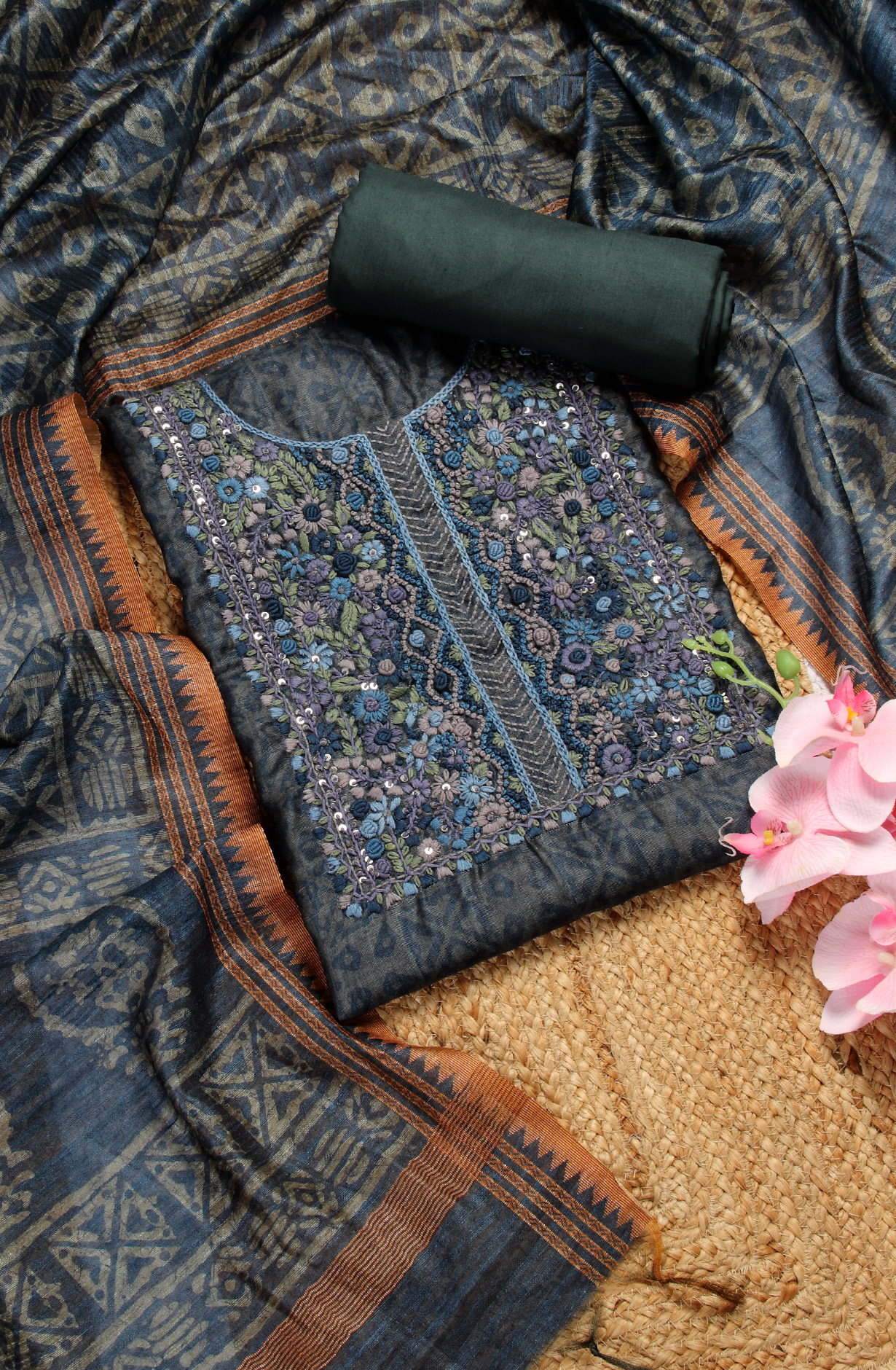 Olive Green Chanderi Kantha Work Unstitched Salwar Kameez with Dupatta - 767-GI68B