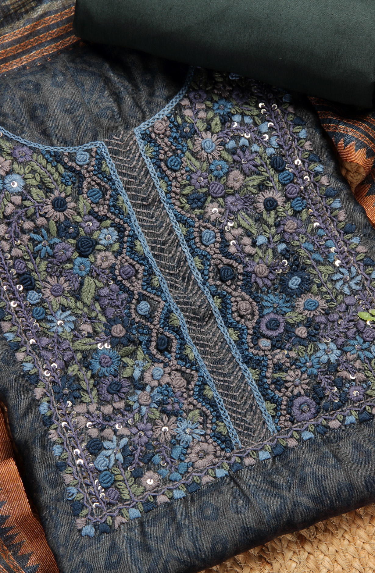 Olive Green Chanderi Kantha Work Unstitched Salwar Kameez with Dupatta - 767-GI68B