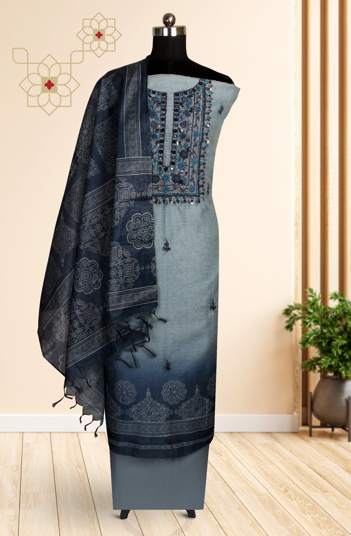Grey Chanderi Kantha Work Unstitched Salwar Kameez with Dupatta - 767-GI69B