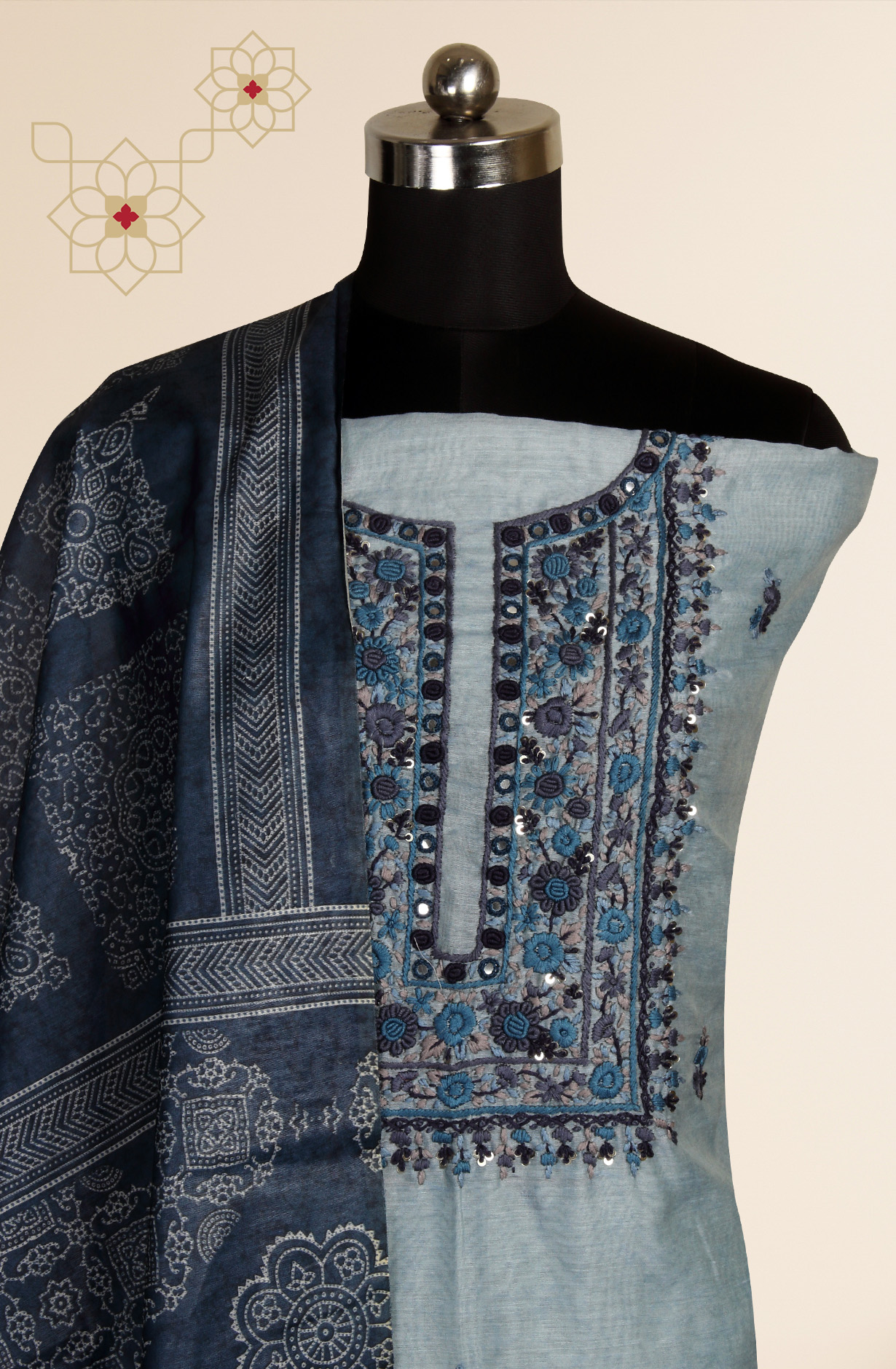 Grey Chanderi Kantha Work Unstitched Salwar Kameez with Dupatta - 767-GI69B