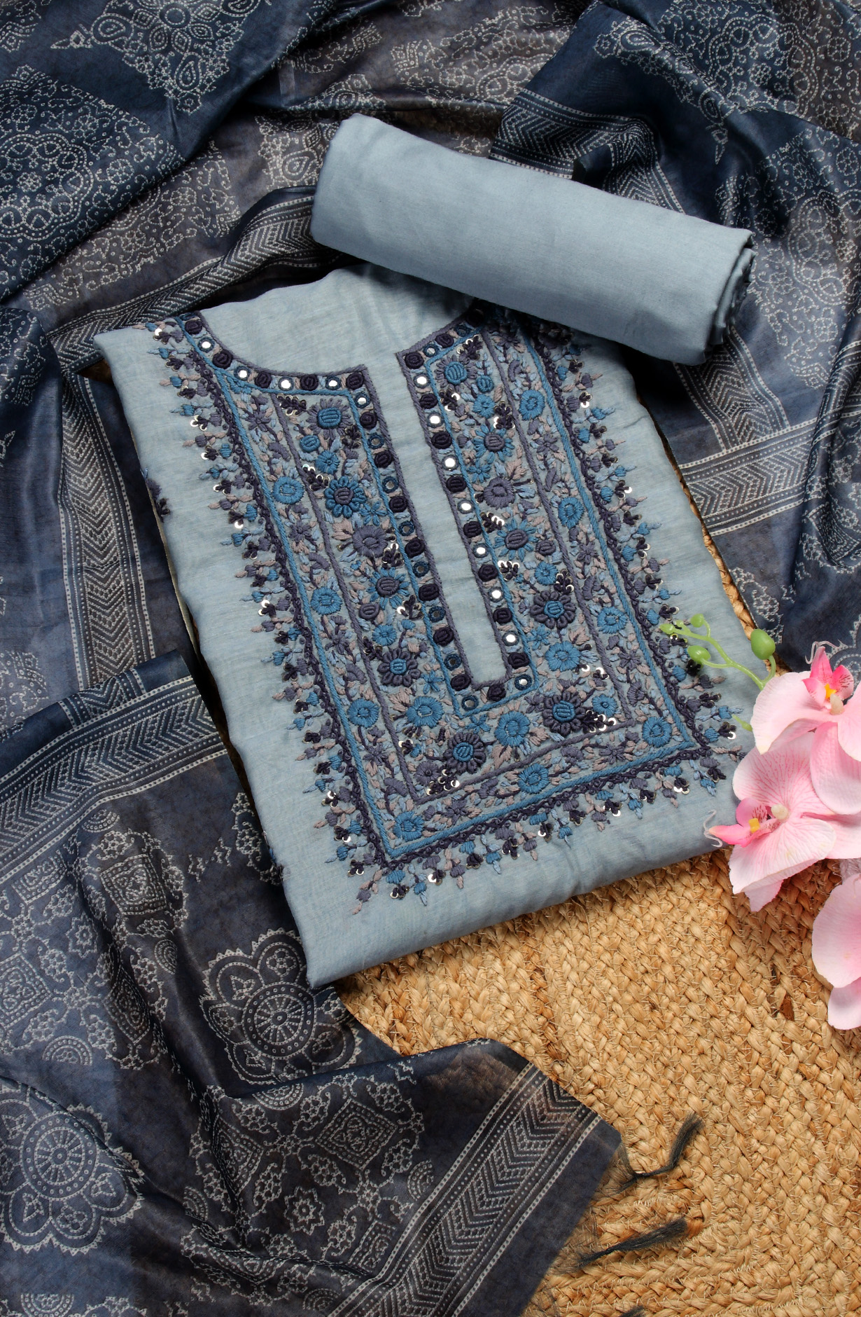 Grey Chanderi Kantha Work Unstitched Salwar Kameez with Dupatta - 767-GI69B