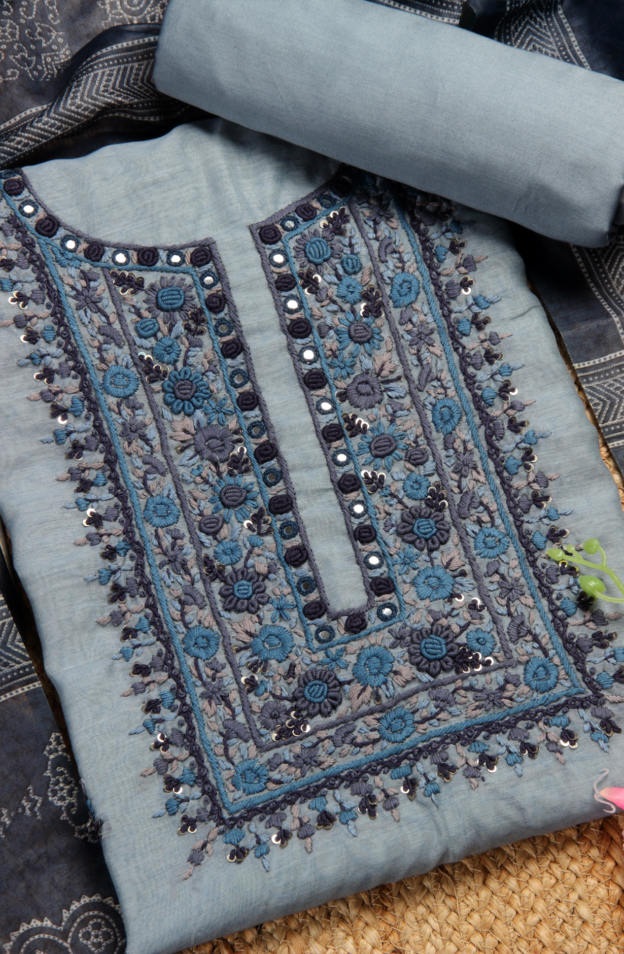 Grey Chanderi Kantha Work Unstitched Salwar Kameez with Dupatta - 767-GI69B