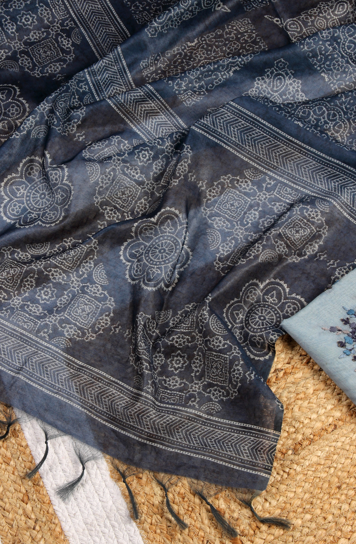Grey Chanderi Kantha Work Unstitched Salwar Kameez with Dupatta - 767-GI69B