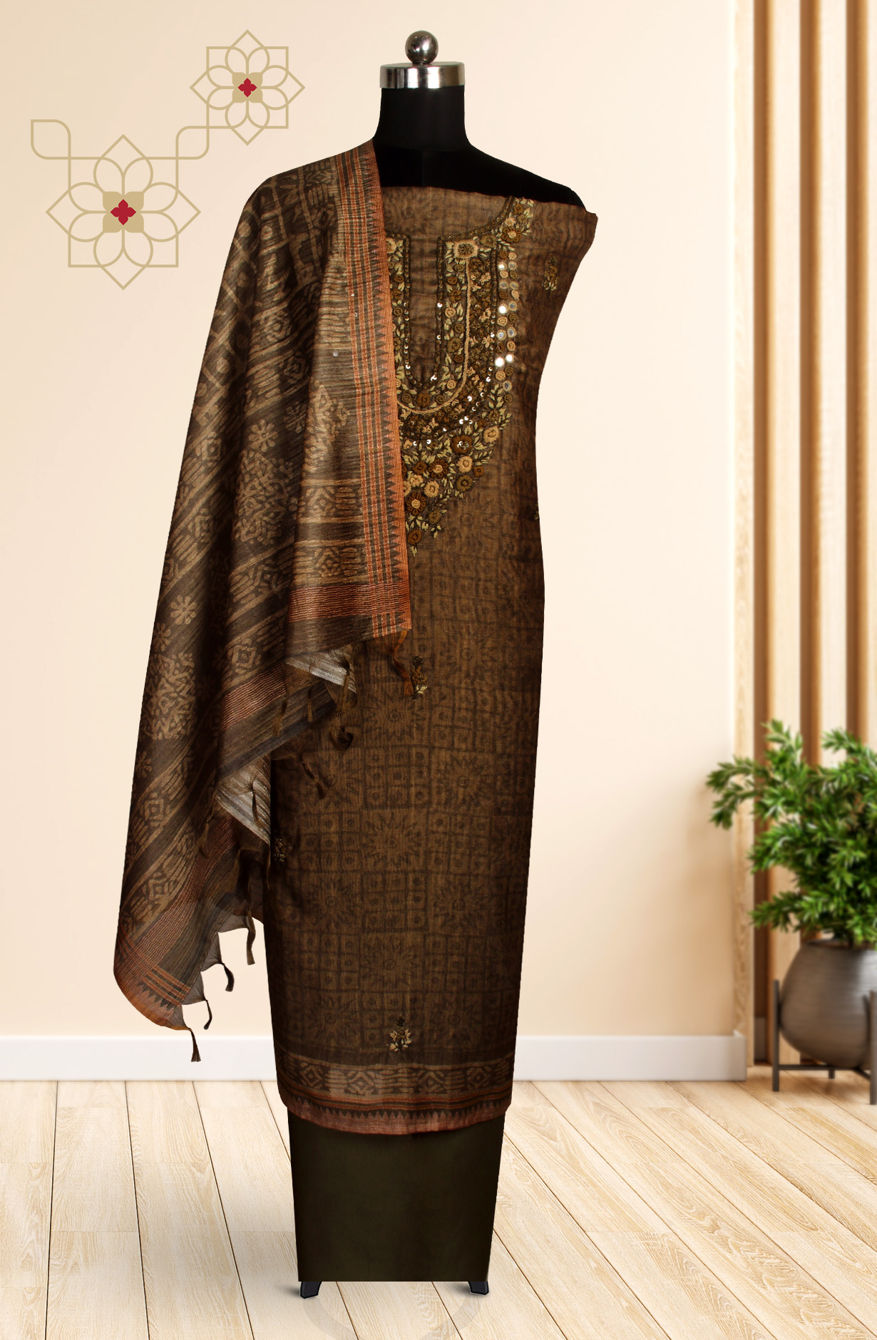 Mehndi Green Chanderi Kantha Work Unstitched Salwar Kameez with Dupatta - 767-GI70