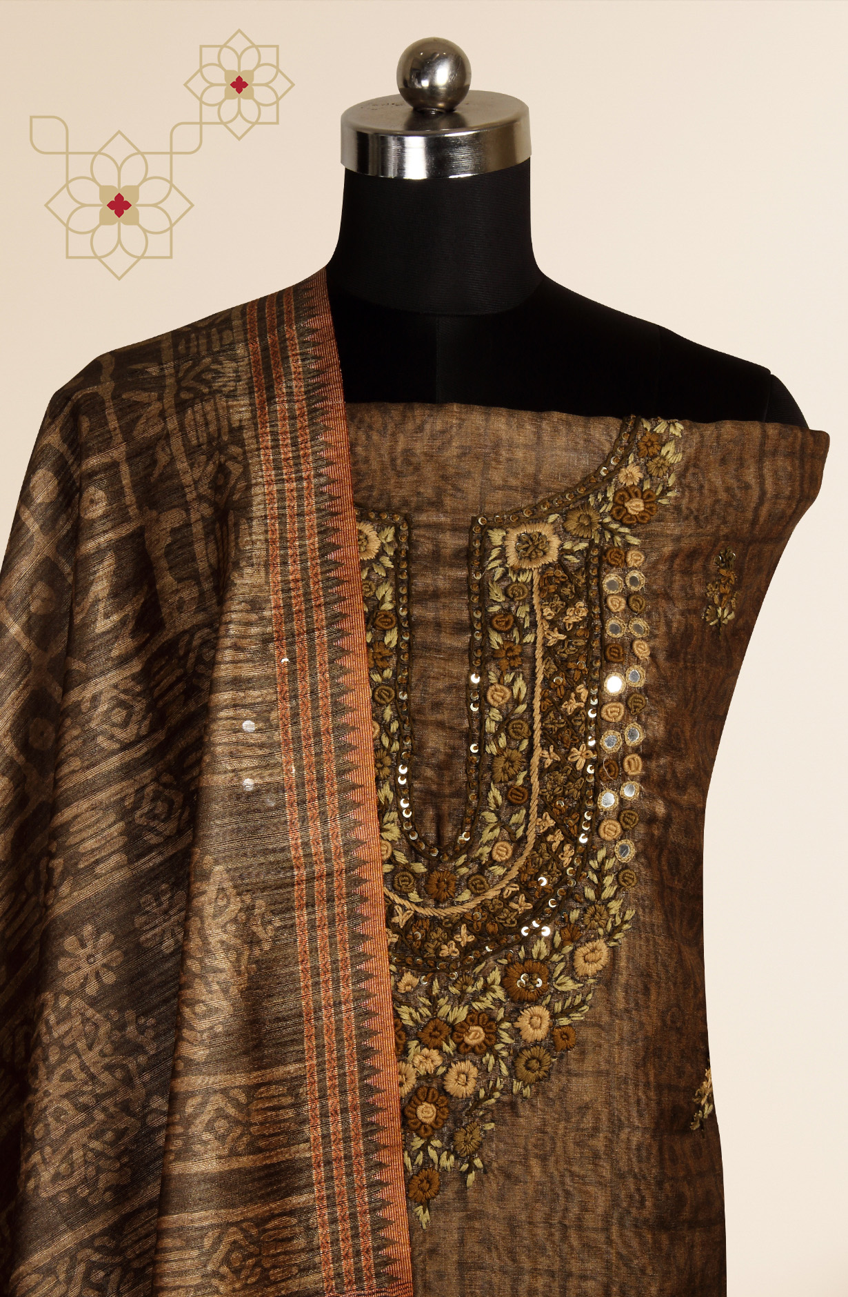 Mehndi Green Chanderi Kantha Work Unstitched Salwar Kameez with Dupatta - 767-GI70