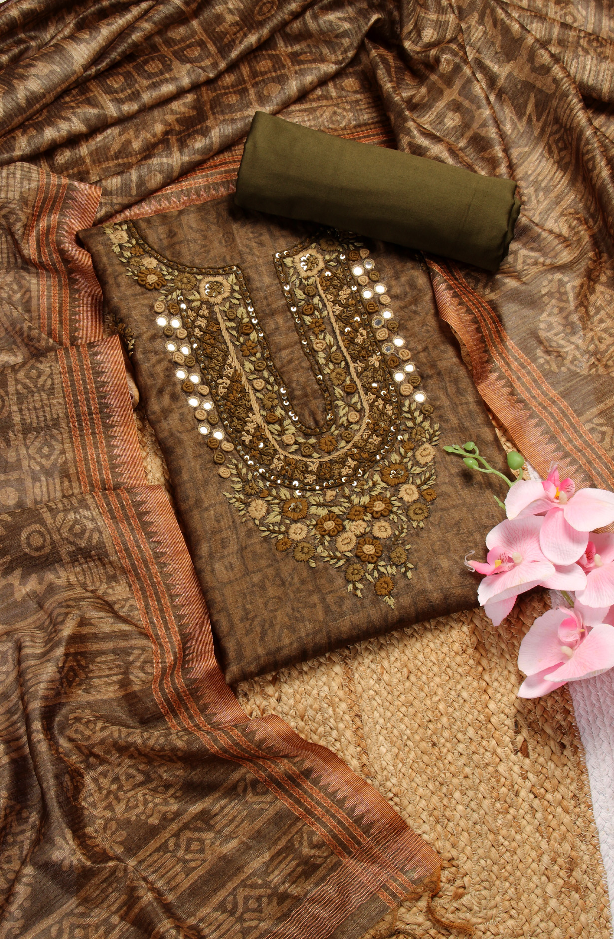 Mehndi Green Chanderi Kantha Work Unstitched Salwar Kameez with Dupatta - 767-GI70